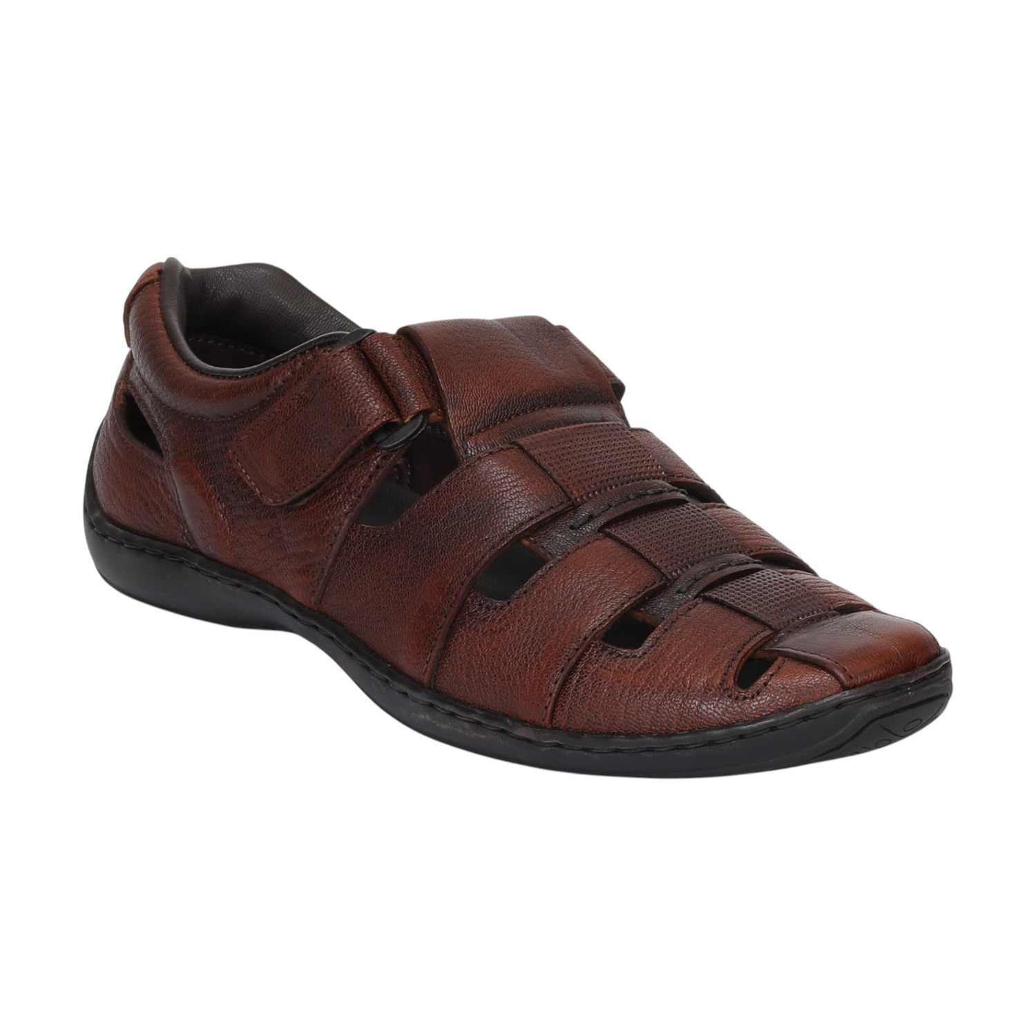 Men Tan Closed-Toe Leather Sandals With Velcro Strap