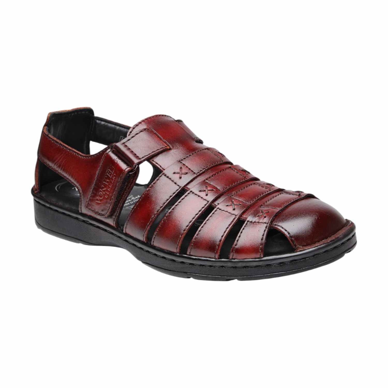 Men Wine Red Leather Closed-Toe Fisherman Sandals