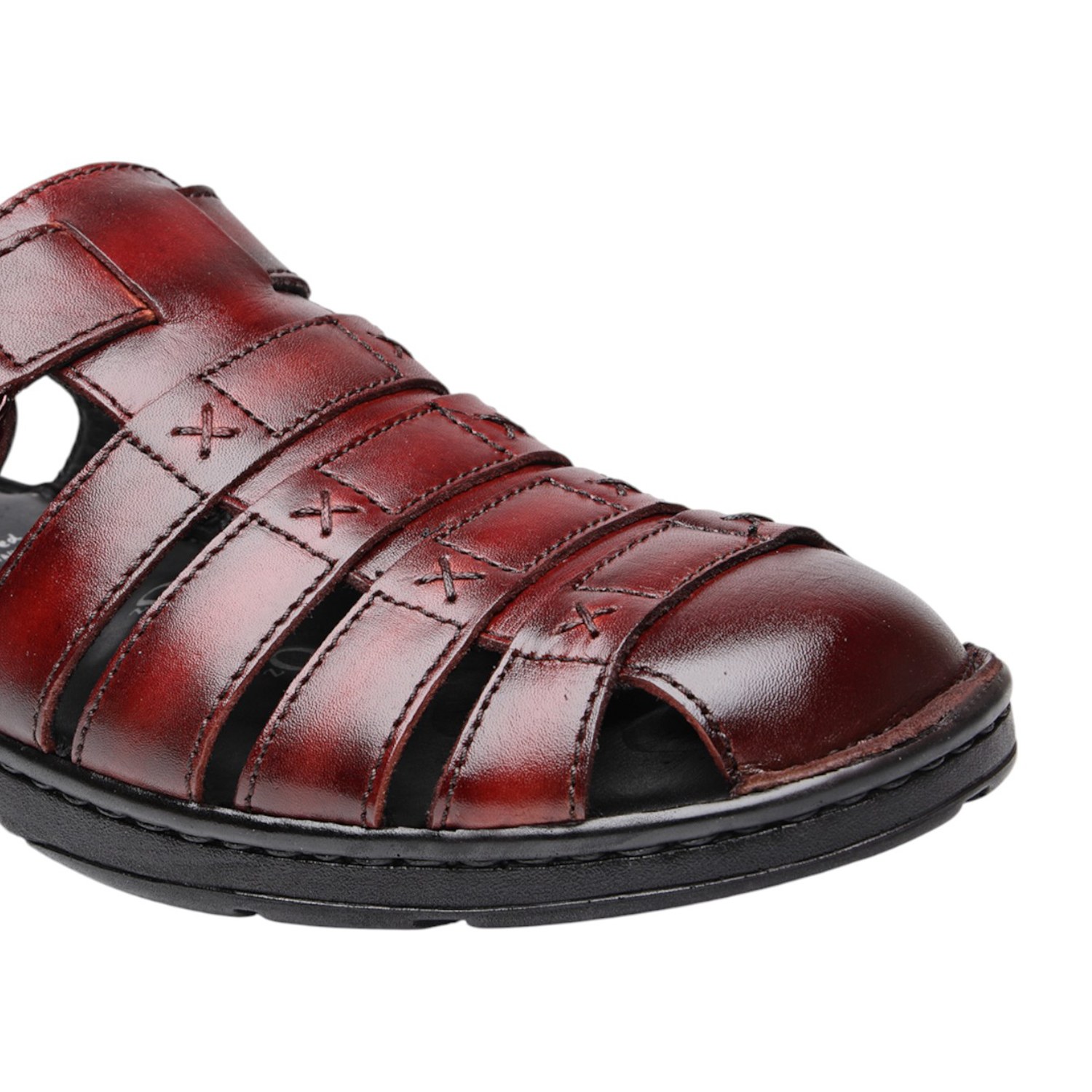 Men Wine Red Leather Closed-Toe Fisherman Sandals