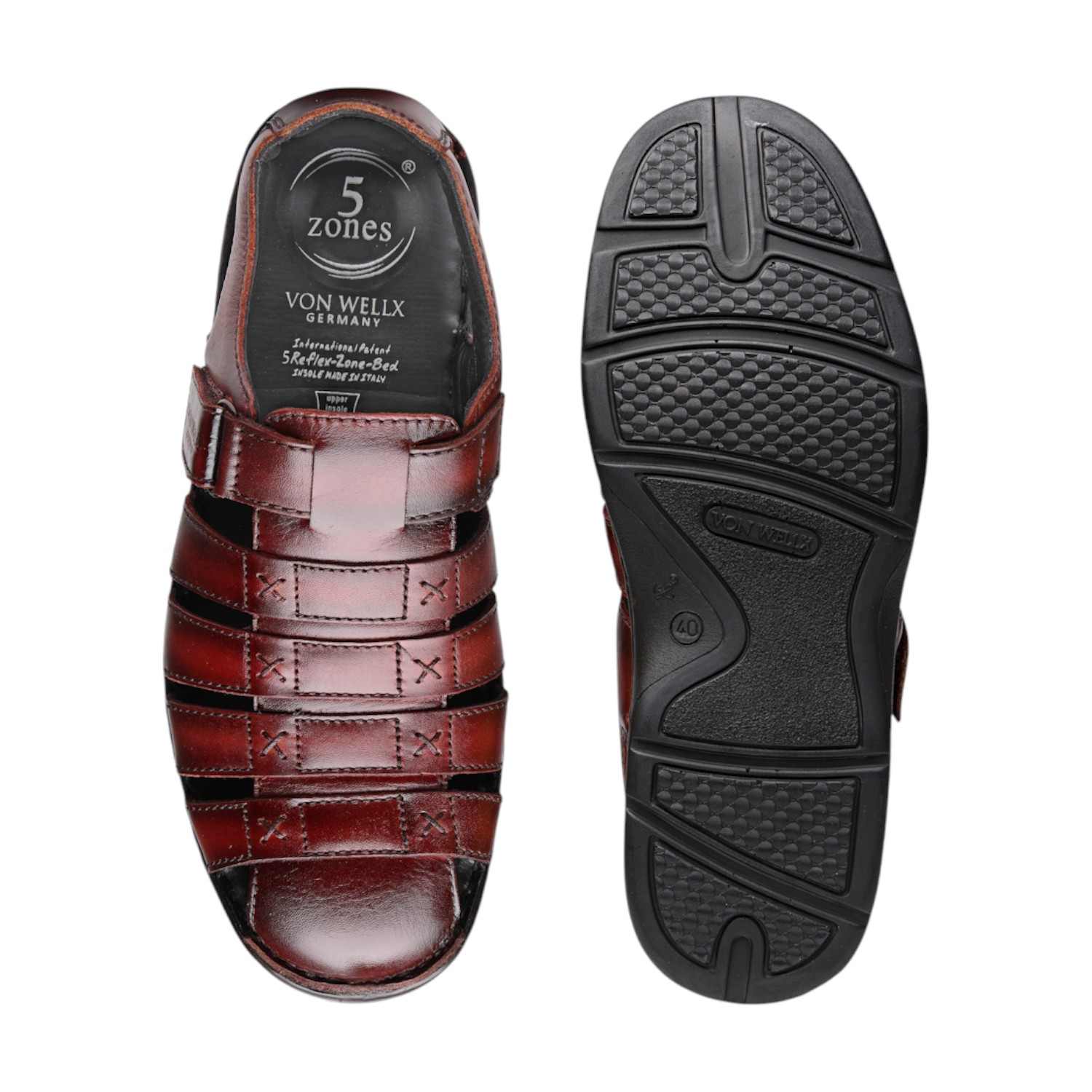 Men Wine Red Leather Closed-Toe Fisherman Sandals