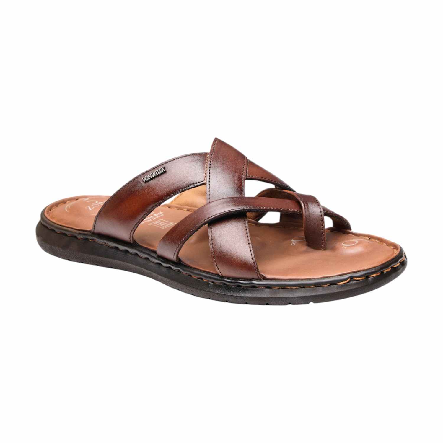 Men Brown Cross-Strap Leather Sandals with 5-Zone Comfort
