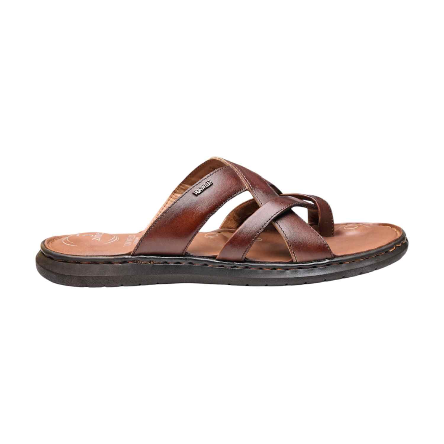 Men Brown Cross-Strap Leather Sandals with 5-Zone Comfort