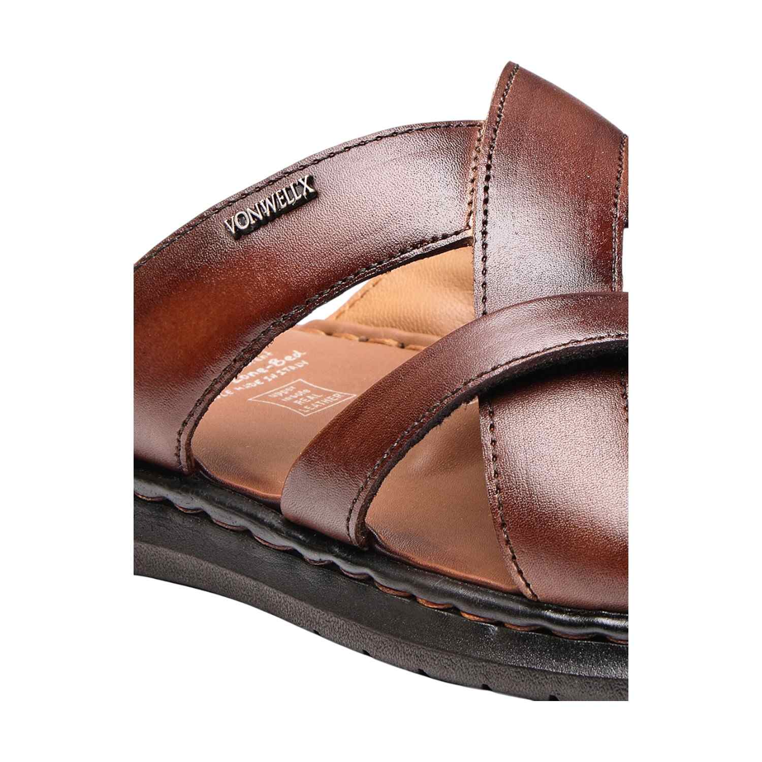 Men Brown Cross-Strap Leather Sandals with 5-Zone Comfort