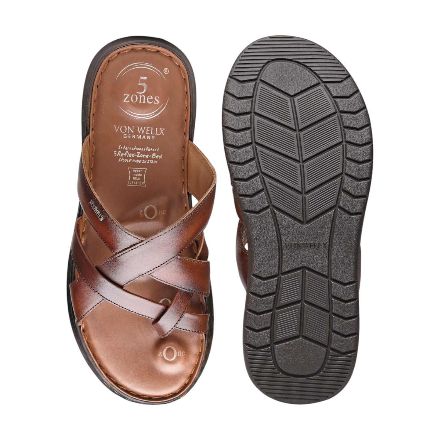 Men Brown Cross-Strap Leather Sandals with 5-Zone Comfort