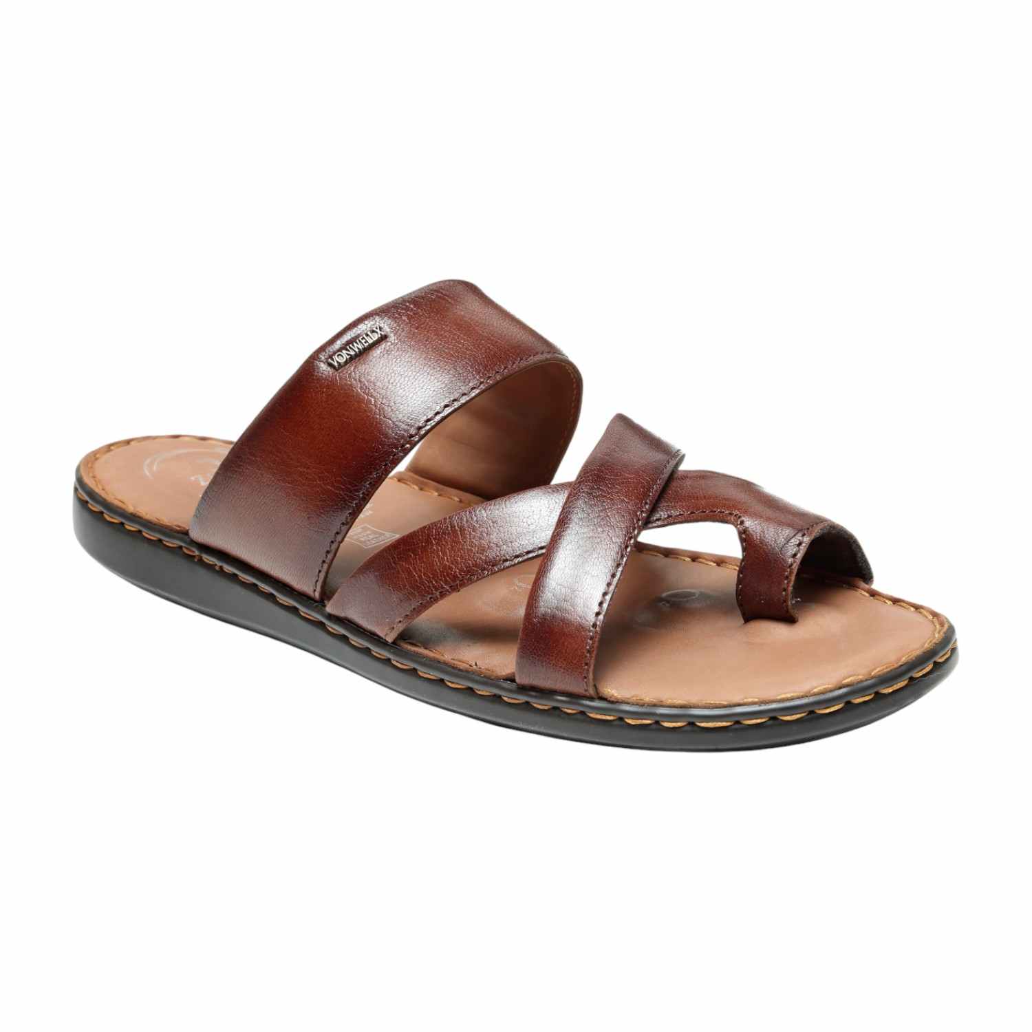 Men Brown Leather Toe-Ring & Cross-Strap Slip-On Sandals
