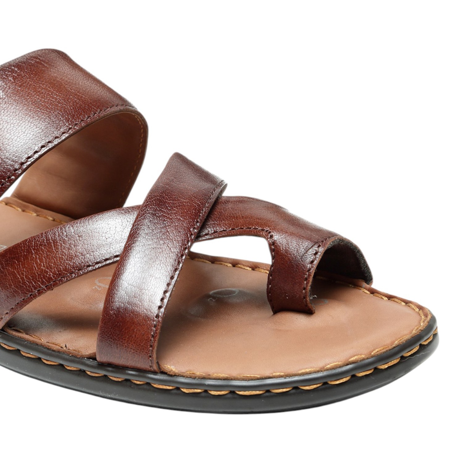 Men Brown Leather Toe-Ring & Cross-Strap Slip-On Sandals