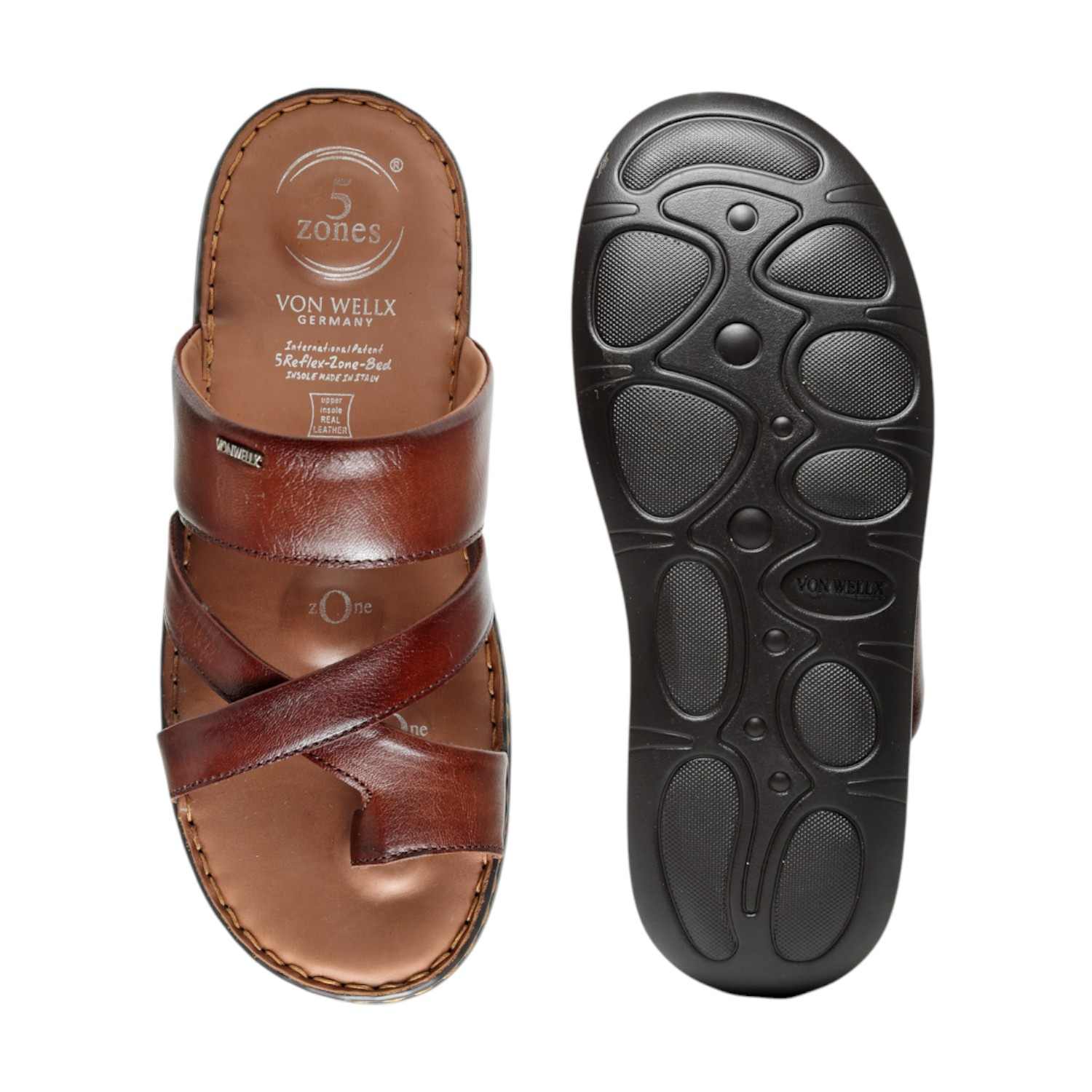 Men Brown Leather Toe-Ring & Cross-Strap Slip-On Sandals