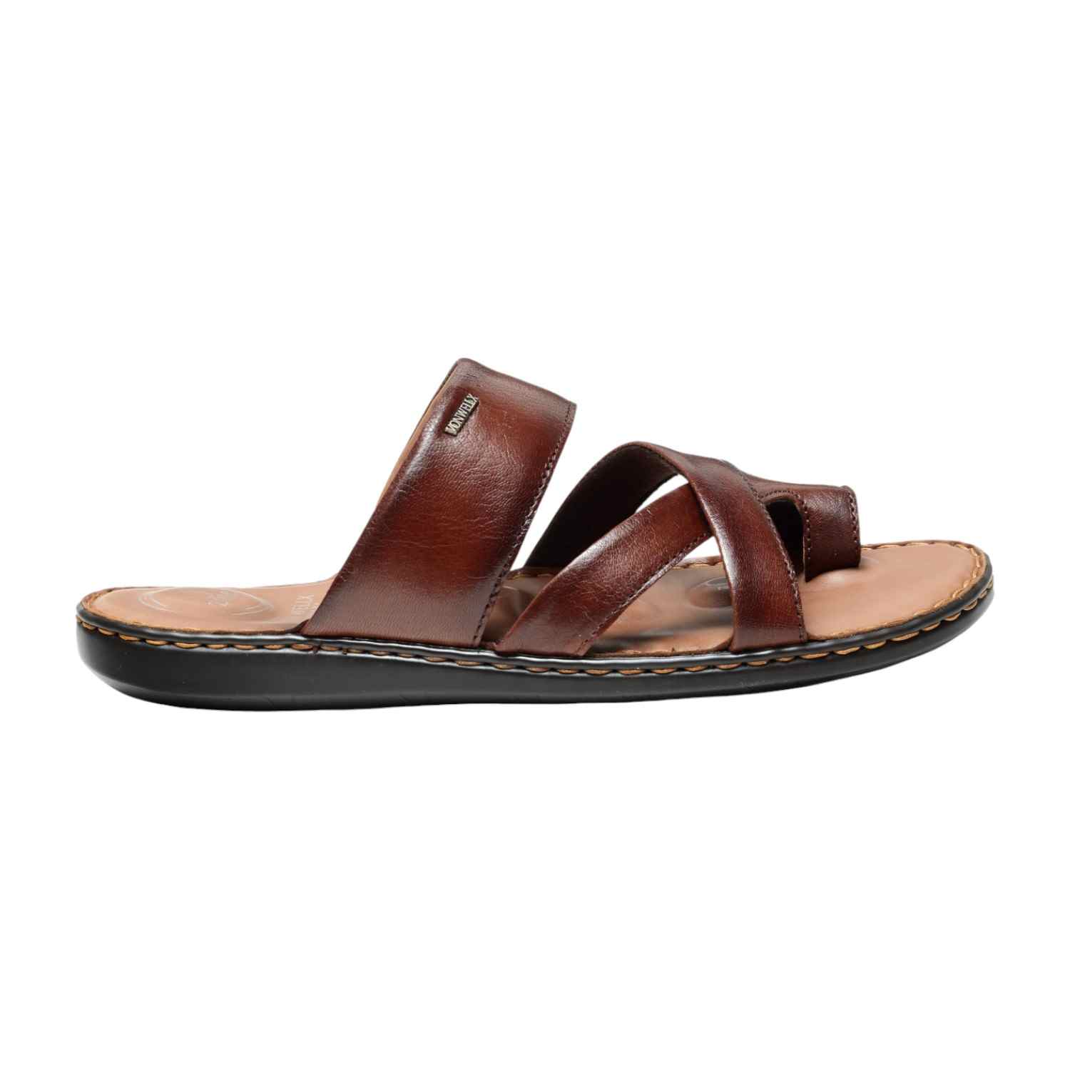 Men Brown Leather Toe-Ring & Cross-Strap Slip-On Sandals