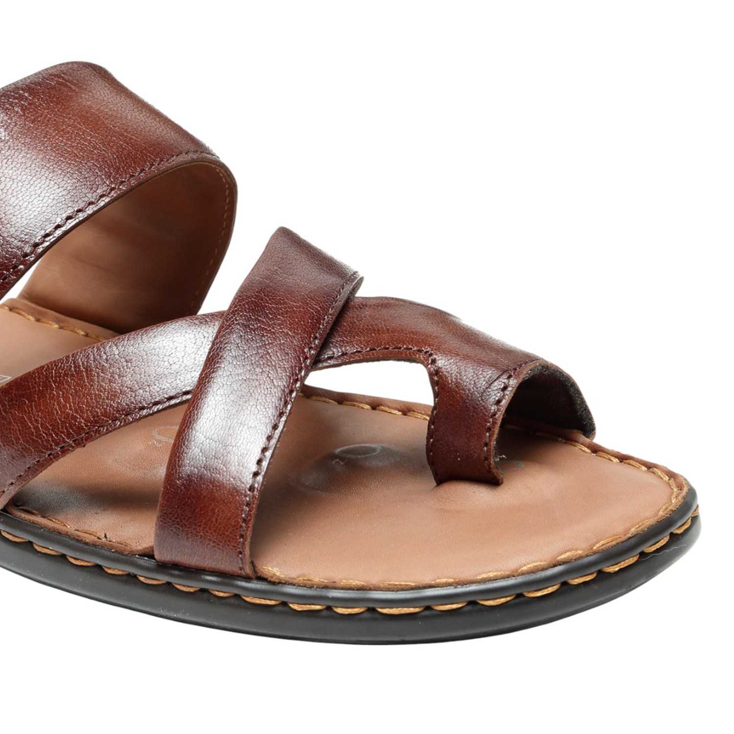 Men Brown Leather Toe-Ring Cross-Strap Slip-On Sandals VON WELLX