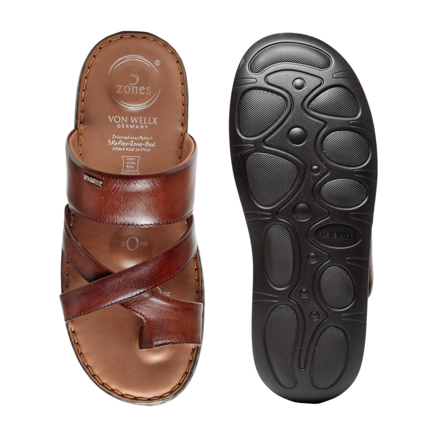 Men Brown Leather Toe-Ring & Cross-Strap Slip-On Sandals