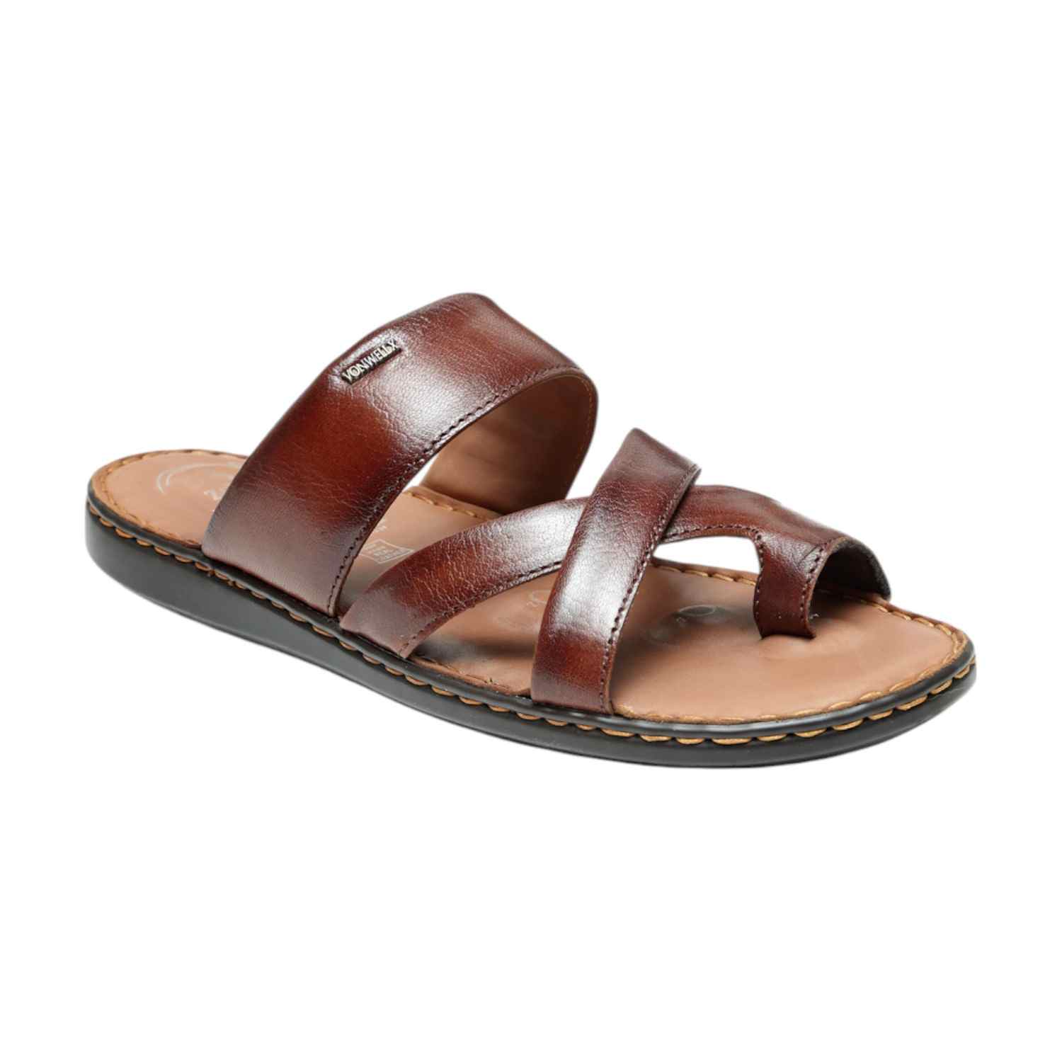 Men Brown Leather Toe-Ring & Cross-Strap Slip-On Sandals