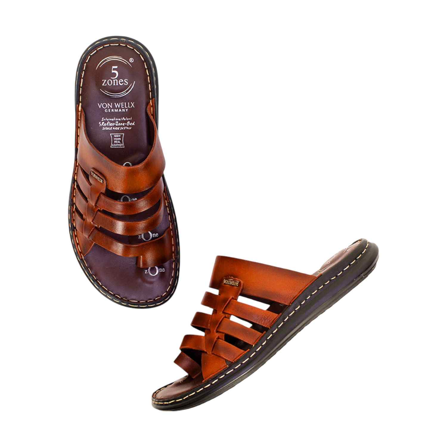 Men Tan Leather Multi-Strap Comfort Sandals (5 Zones)