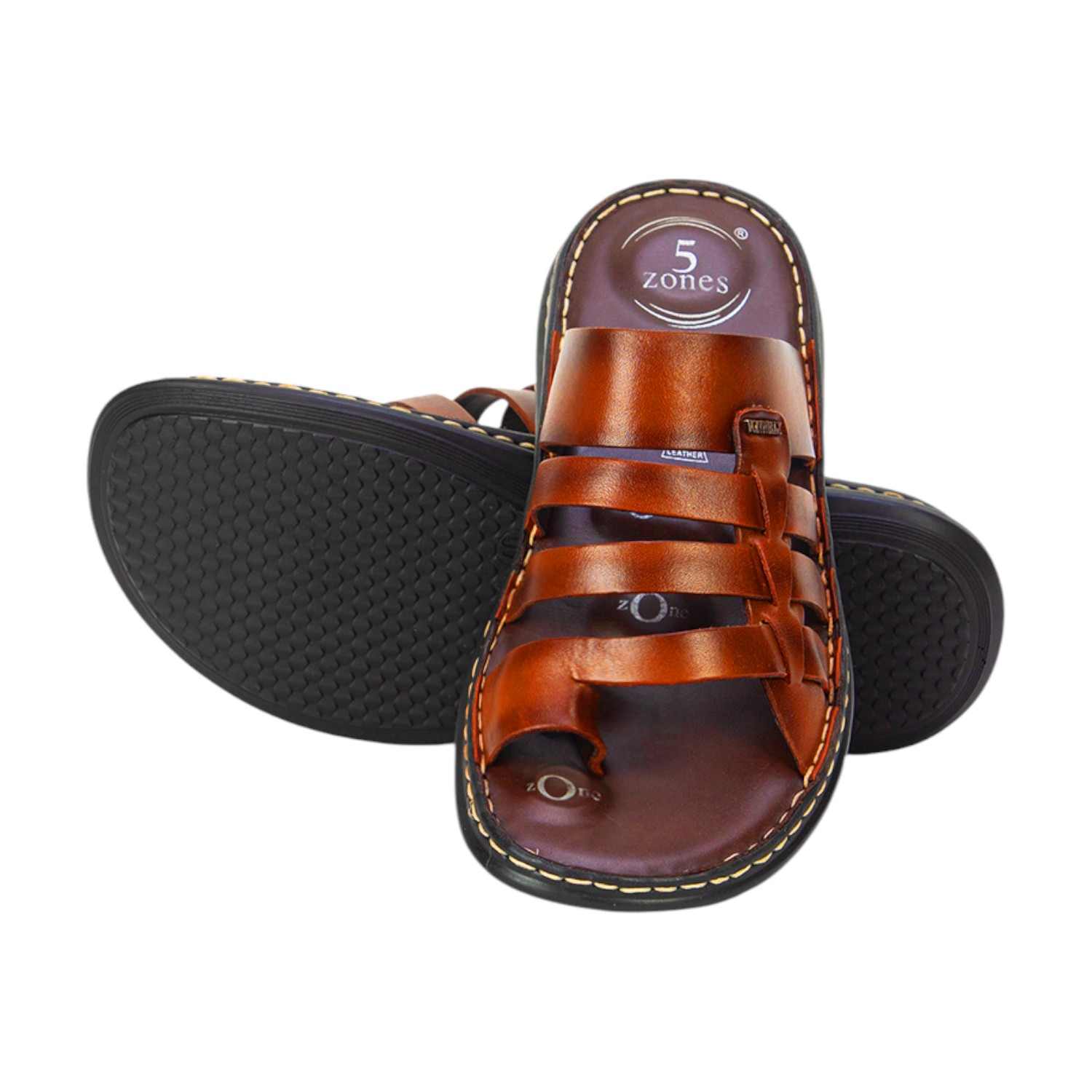 Men Tan Leather Multi-Strap Comfort Sandals (5 Zones)