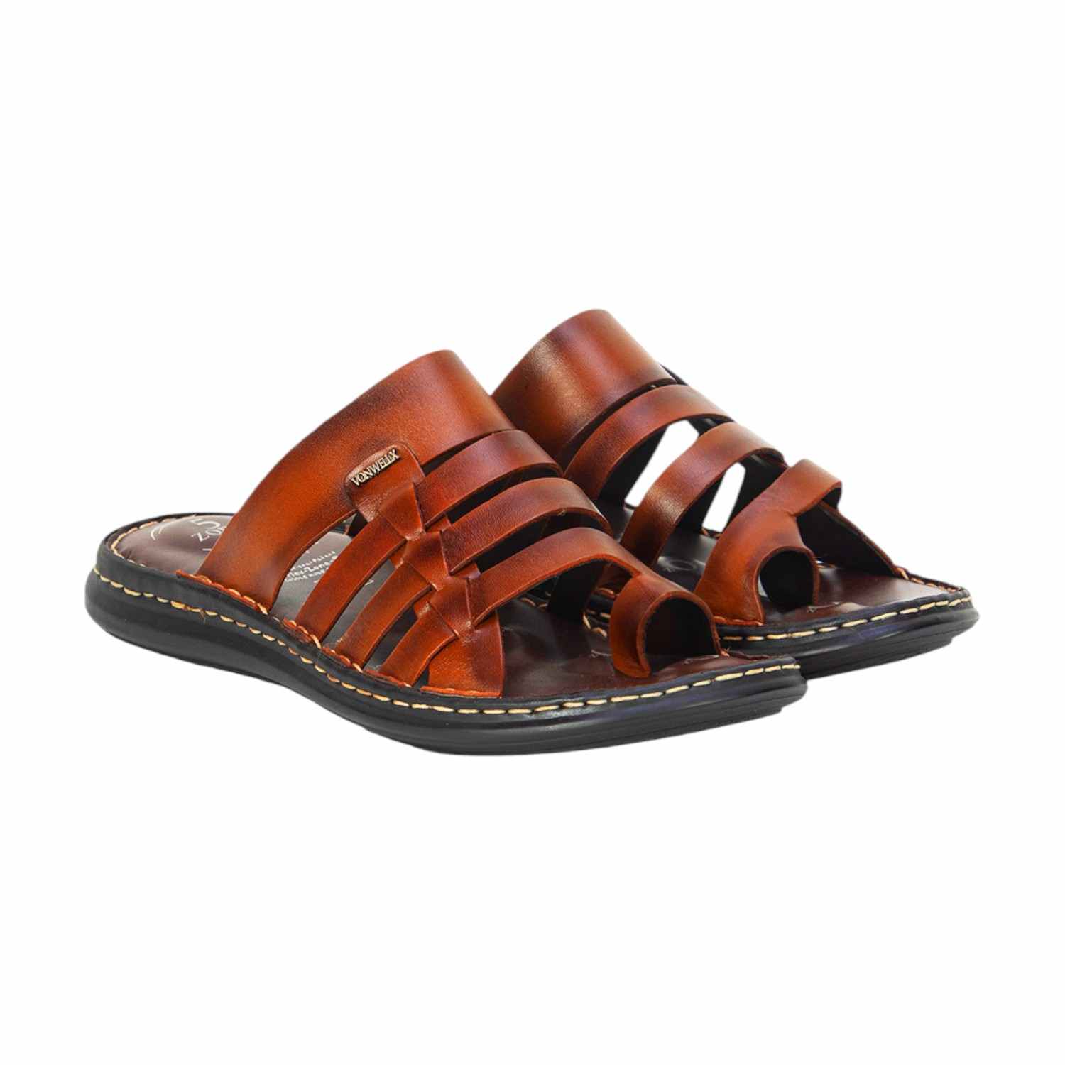 Men Tan Leather Multi-Strap Comfort Sandals (5 Zones)