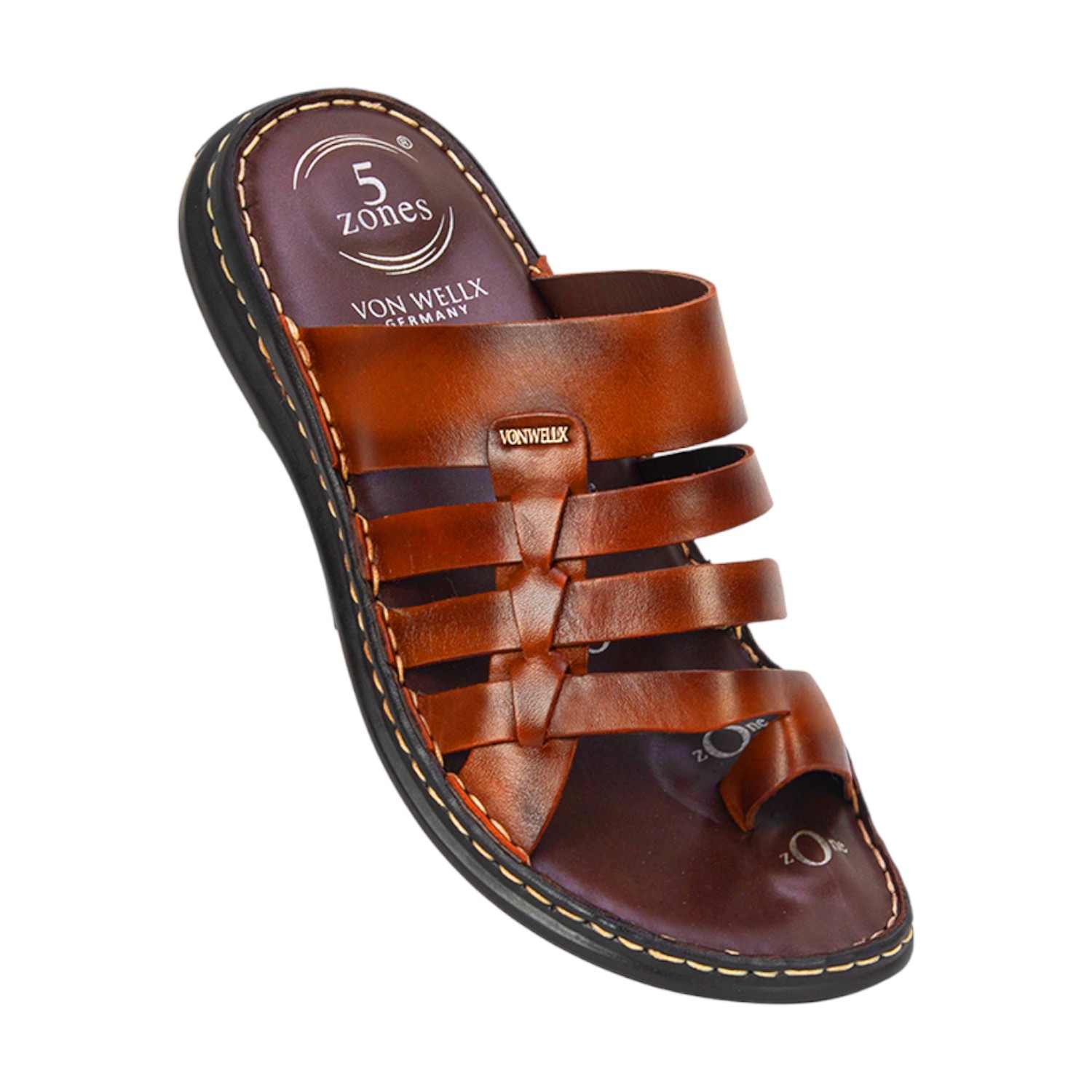 Men Tan Leather Multi-Strap Comfort Sandals (5 Zones)