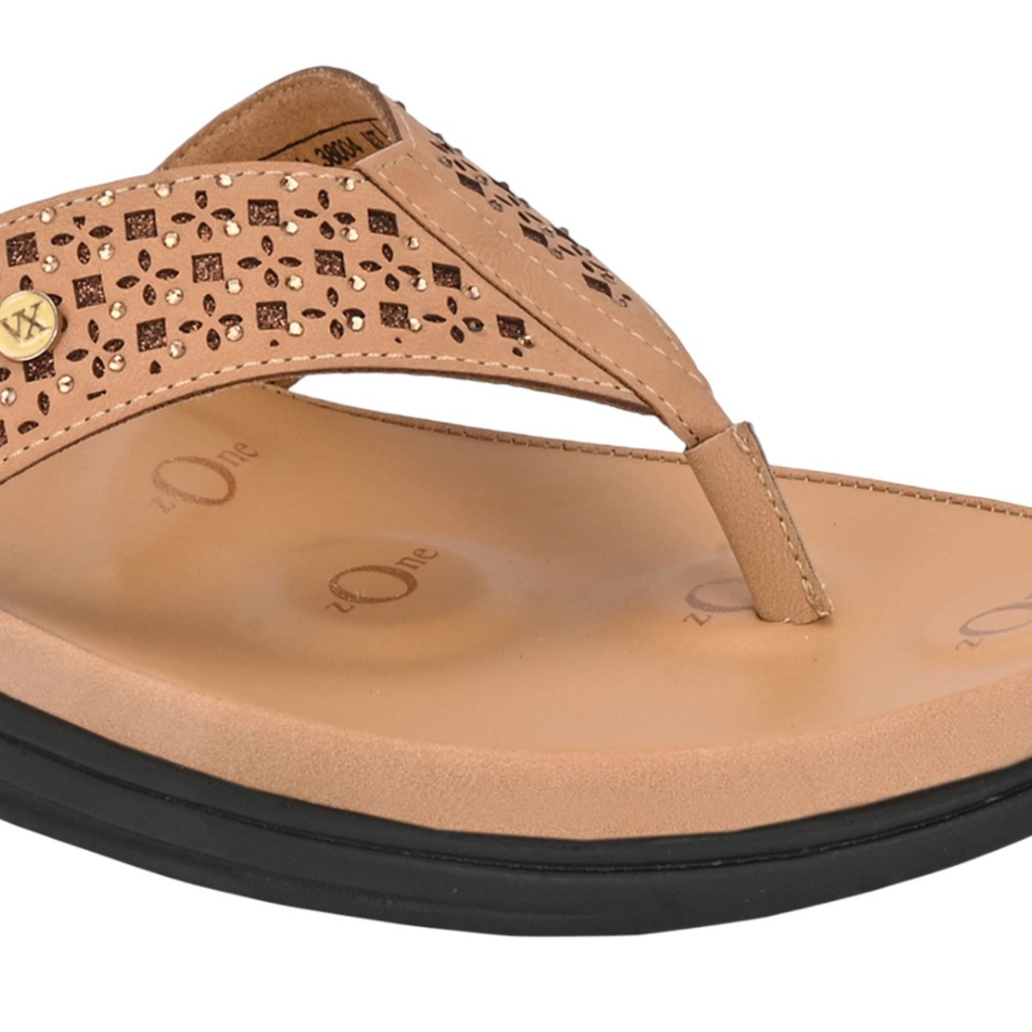 Women Laser-Cut Nude Comfort Thong Sandal with Crystal Embellishments