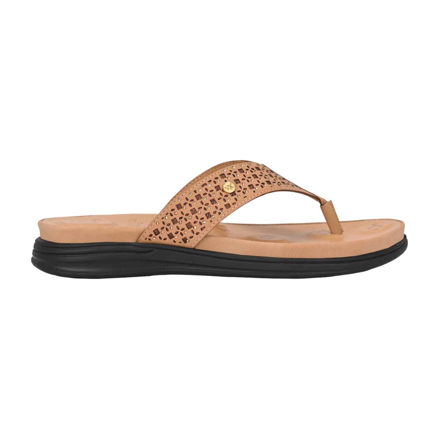 Women Laser-Cut Nude Comfort Thong Sandal with Crystal Embellishments