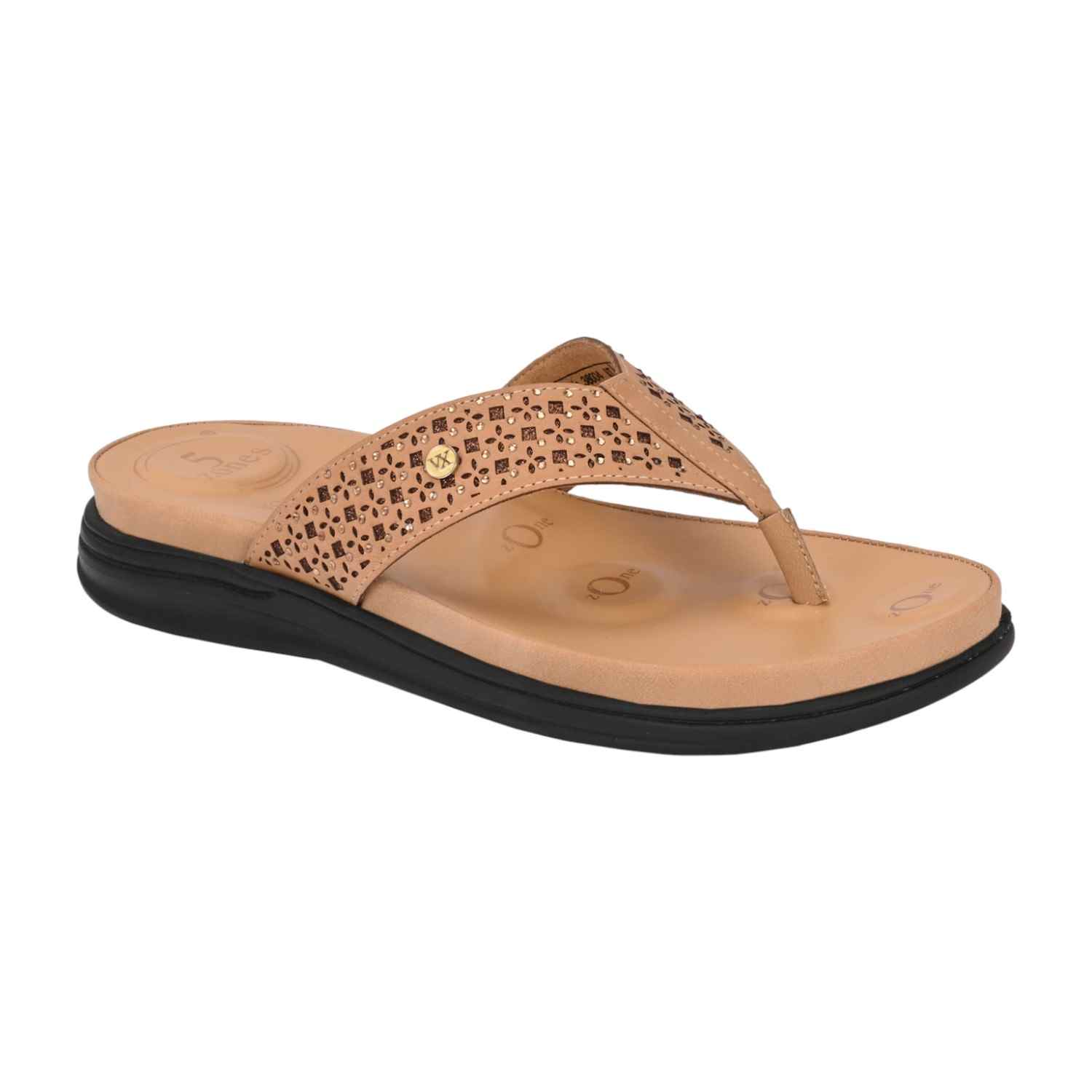 Women Laser-Cut Nude Comfort Thong Sandal with Crystal Embellishments