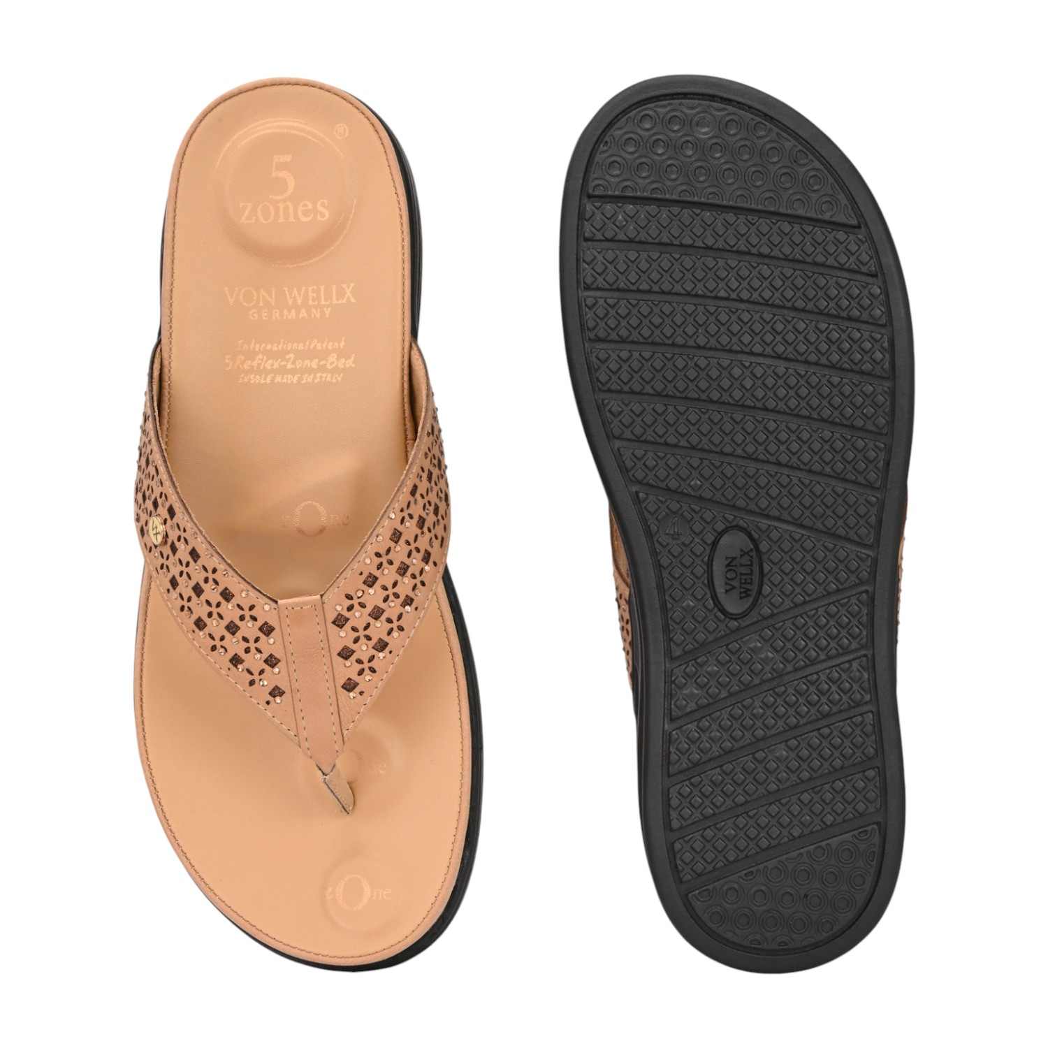Women Laser-Cut Nude Comfort Thong Sandal with Crystal Embellishments