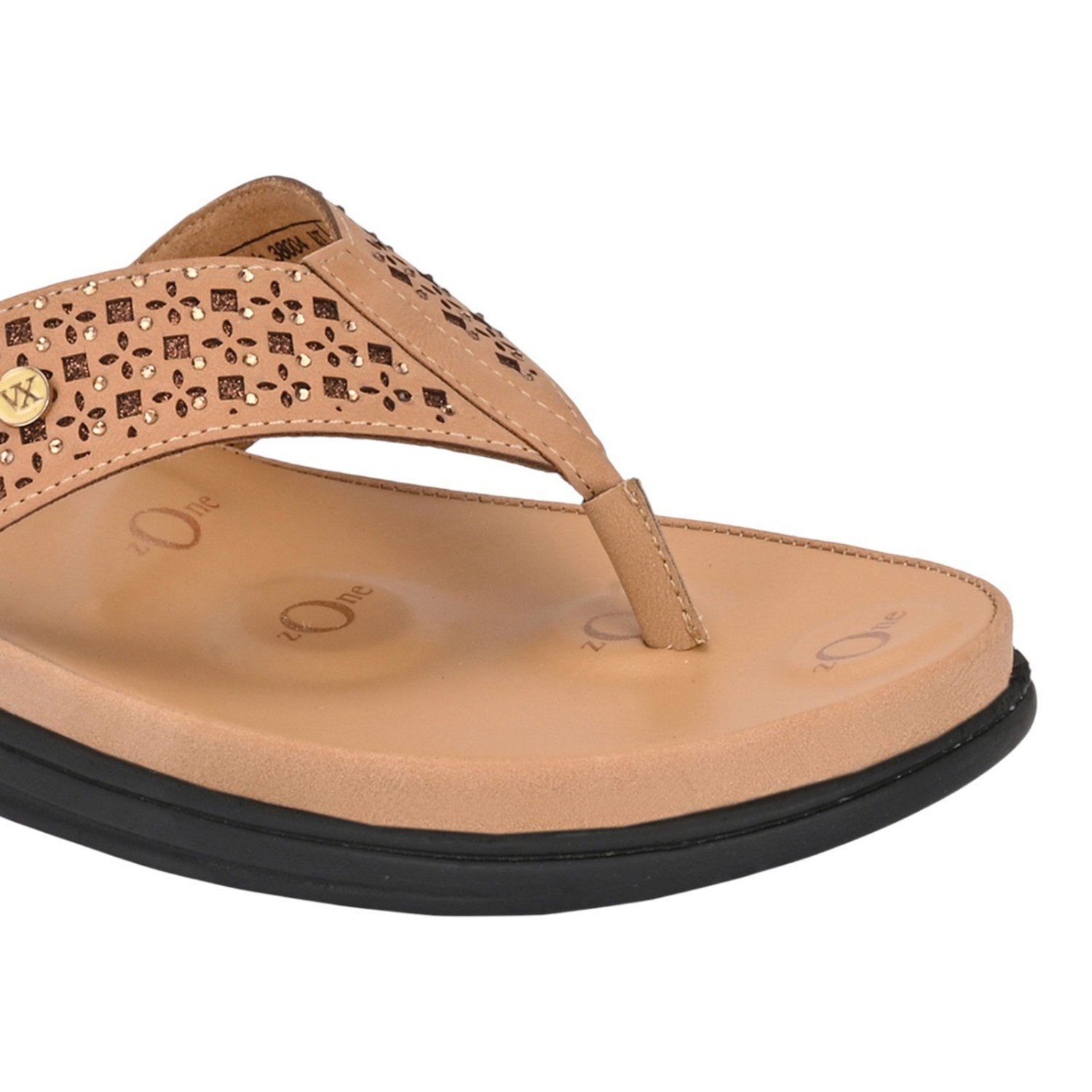 Women Laser-Cut Nude Comfort Thong Sandal with Crystal Embellishments