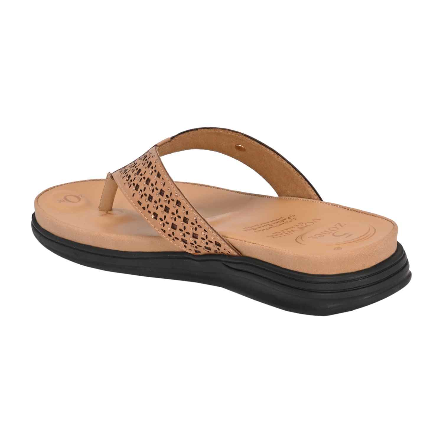 Women Laser-Cut Nude Comfort Thong Sandal with Crystal Embellishments
