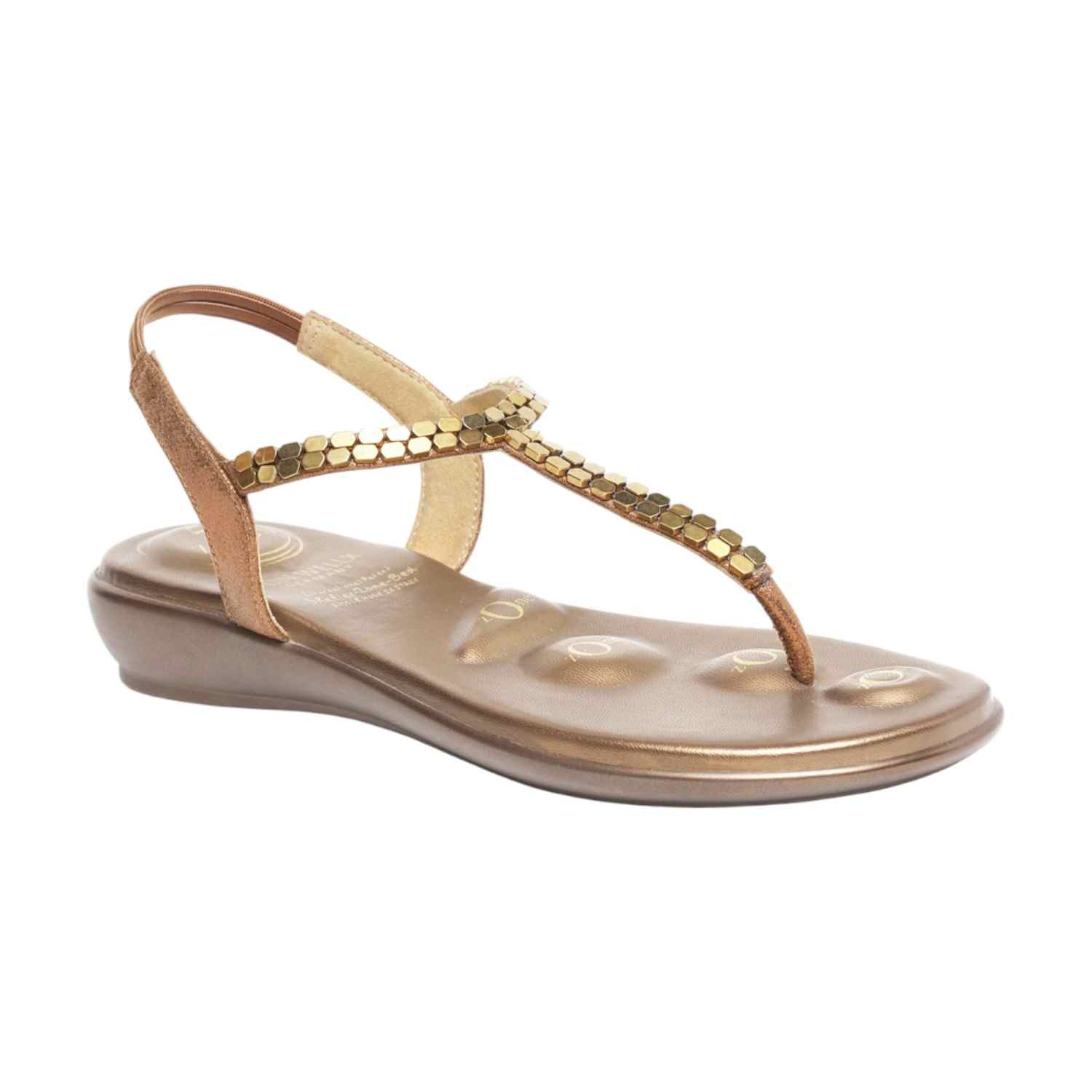 Women Gold Beaded T-Strap Thong Sandals with 5-Zone Comfort