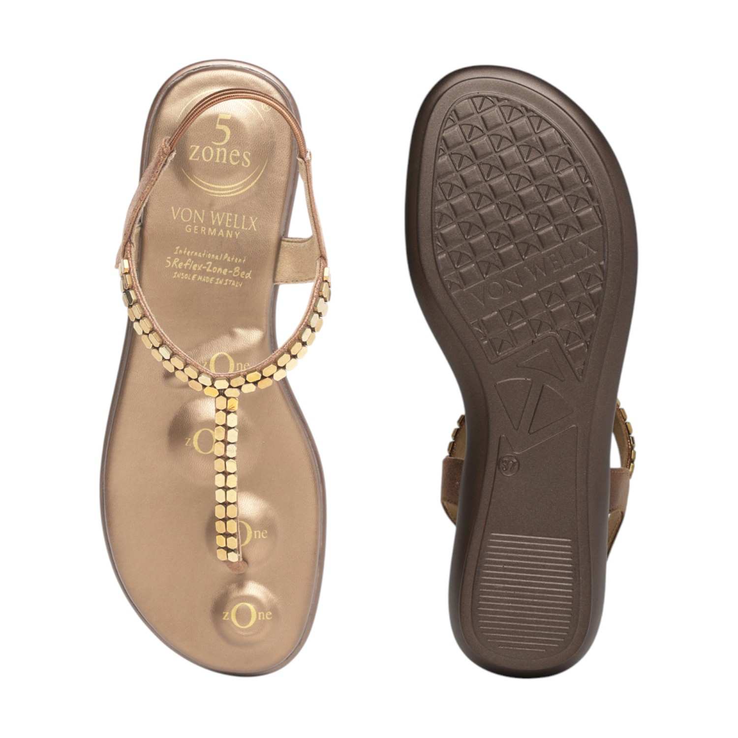 Women Gold Beaded T-Strap Thong Sandals with 5-Zone Comfort