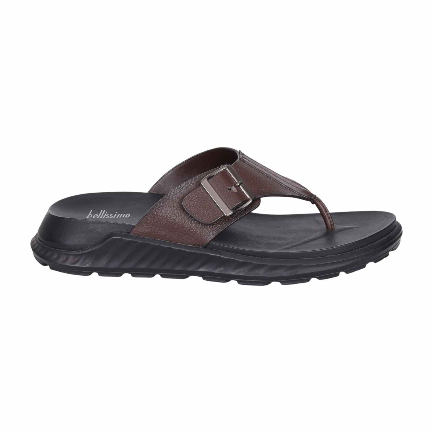Men Brown Leather Buckle Strap Thong Sandals
