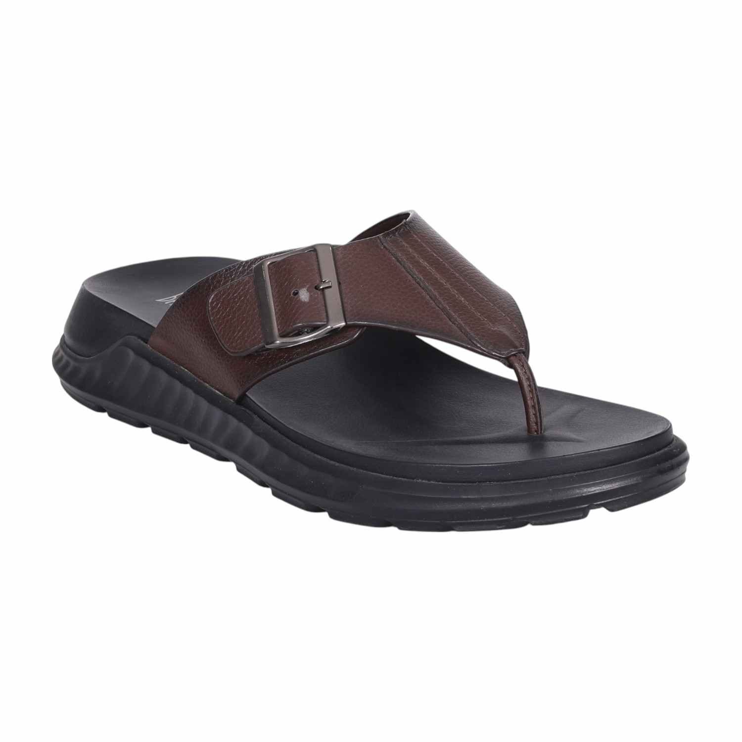 Men Brown Leather Buckle Strap Thong Sandals