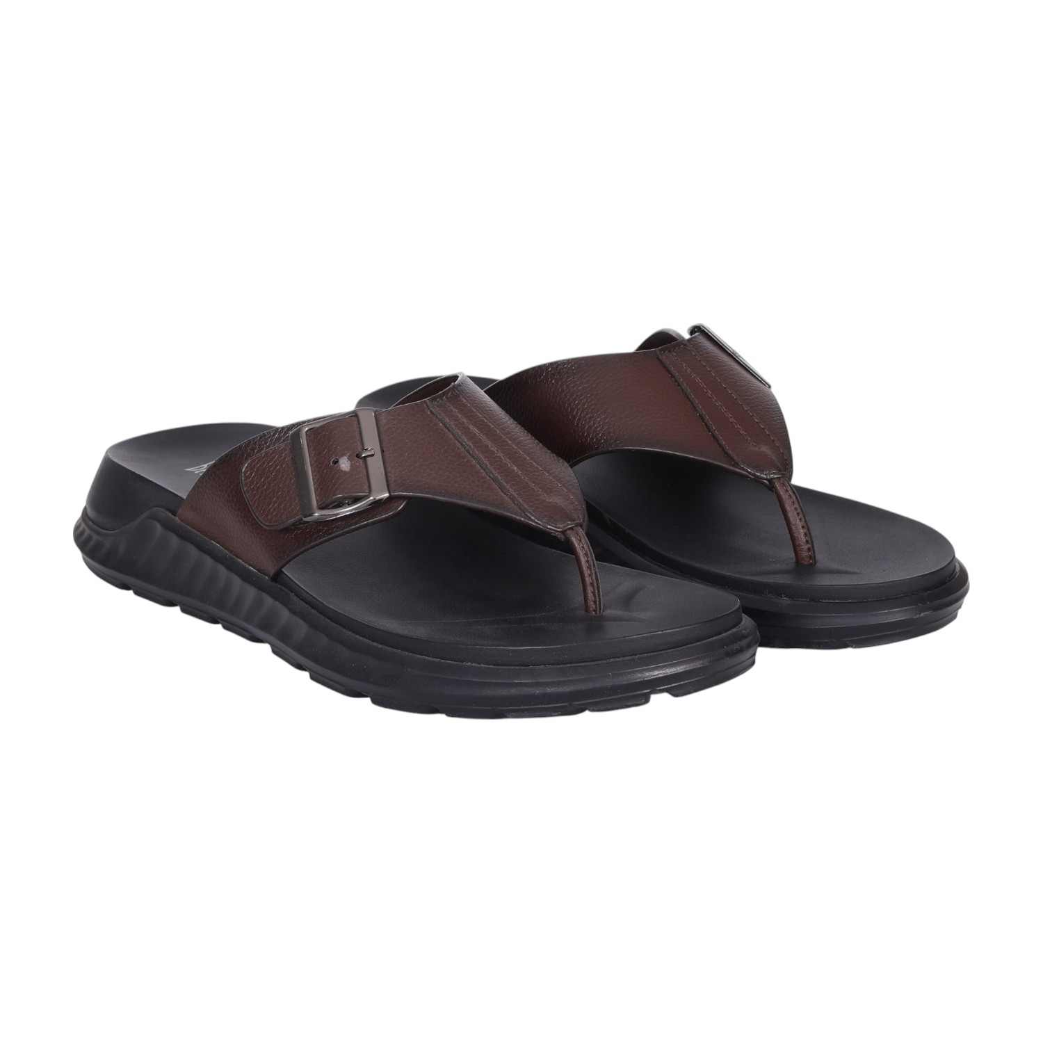 Men Brown Leather Buckle Strap Thong Sandals