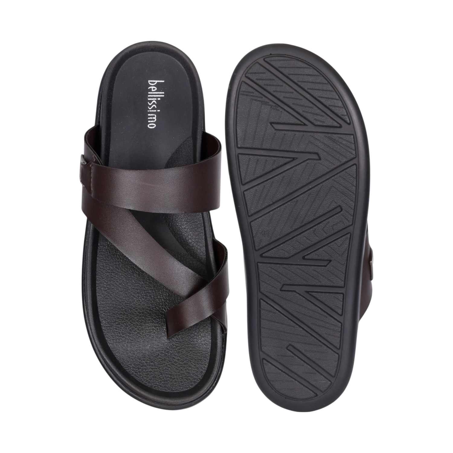 Men Brown Cross Strap Slip-On Sandals with Toe Loop