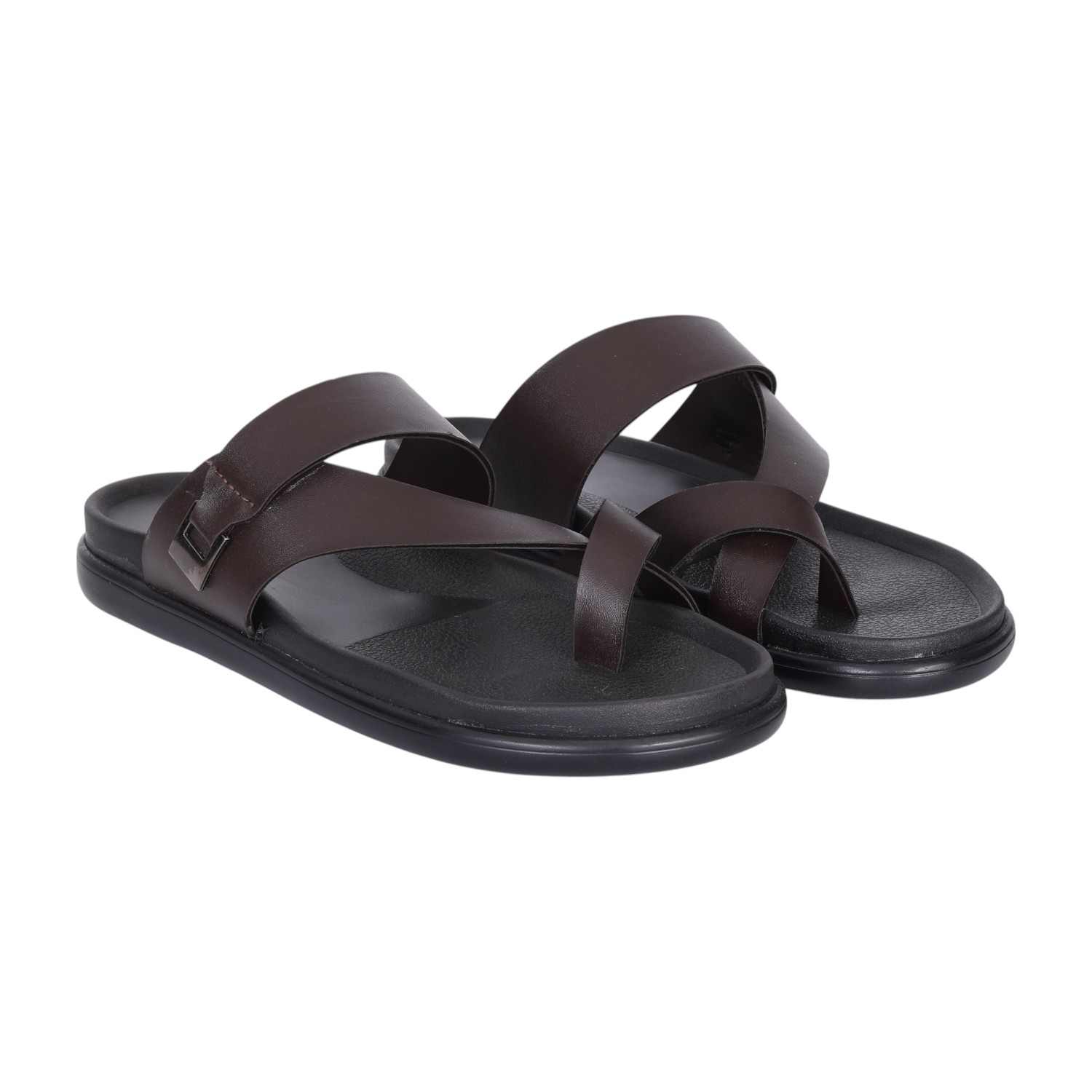 Men Brown Cross Strap Slip-On Sandals with Toe Loop