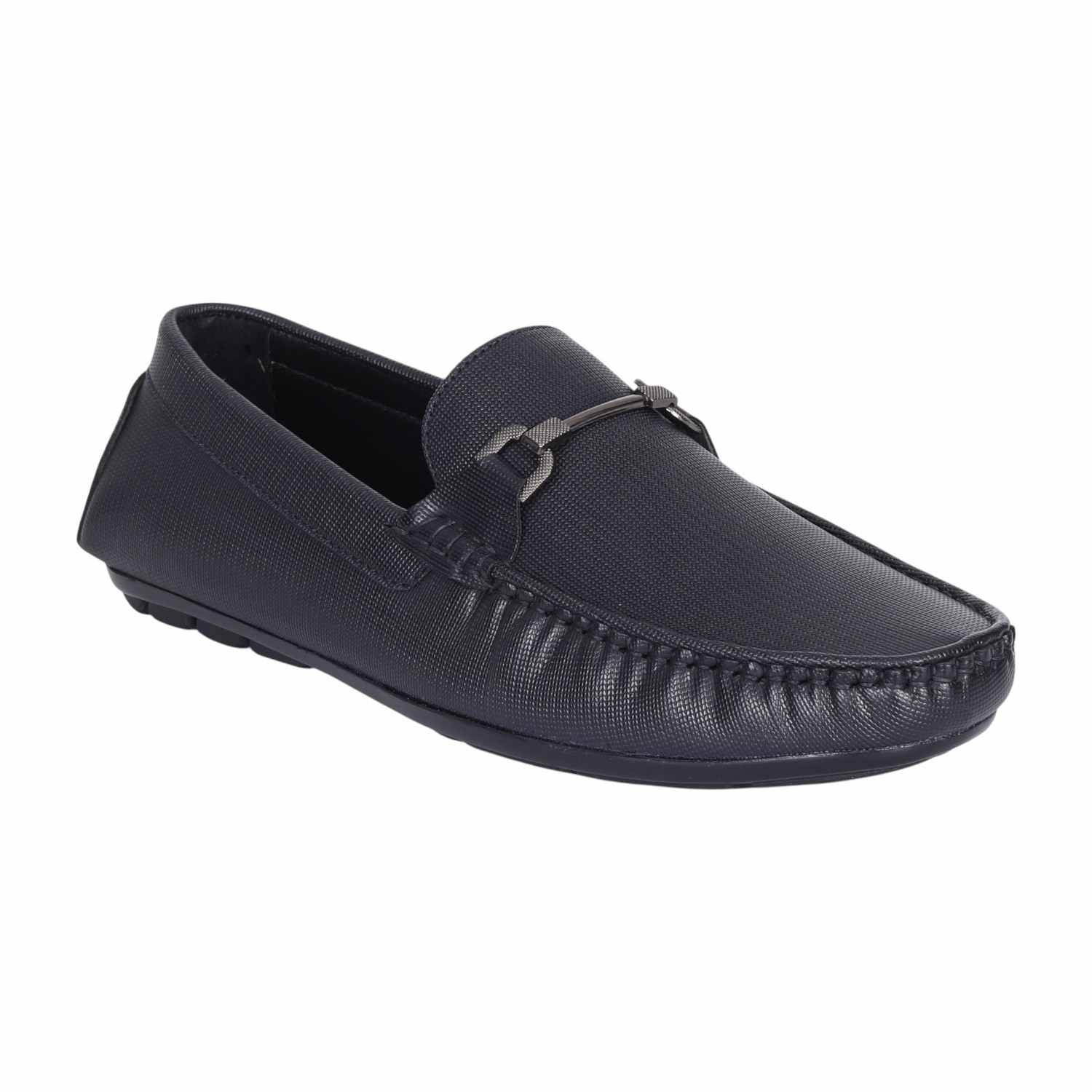 Men Navy Textured Leather Loafers with Metal Bit Detail