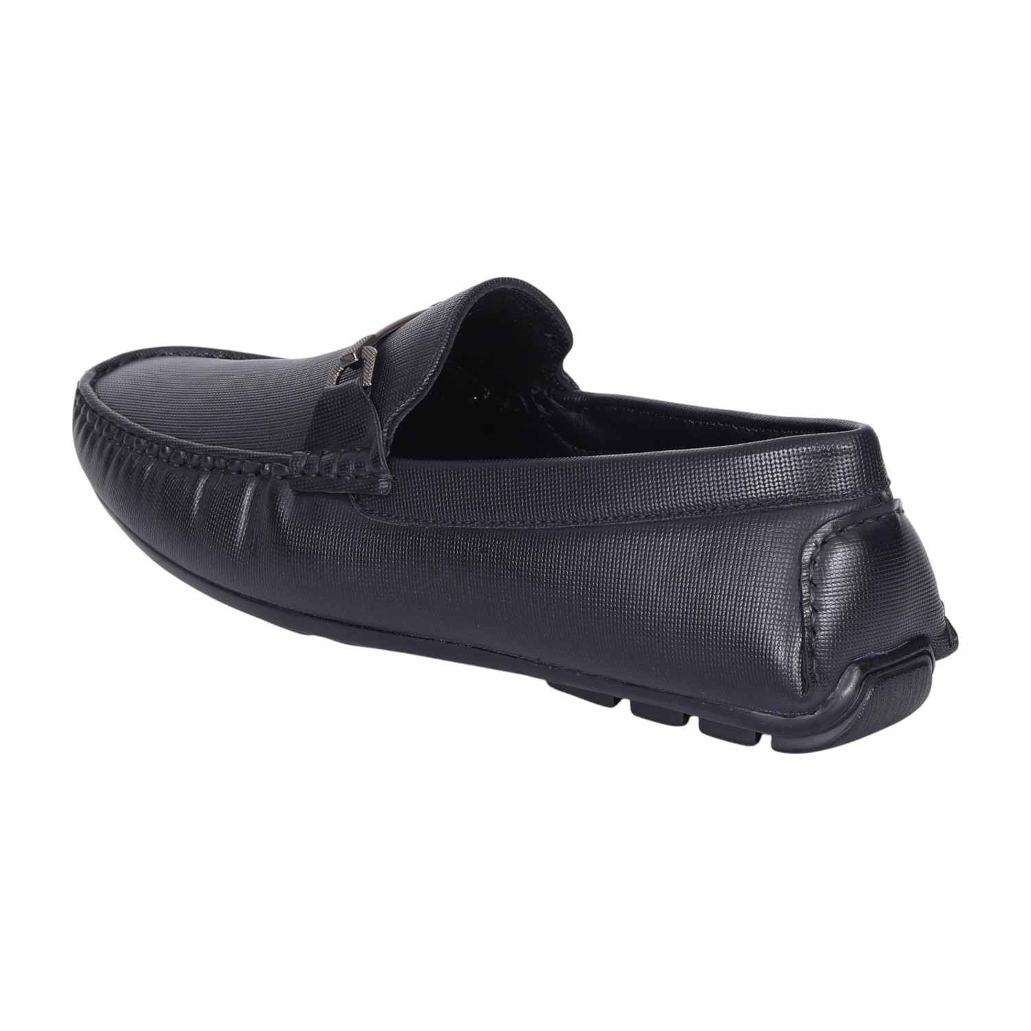 Men Navy Textured Leather Loafers with Metal Bit Detail