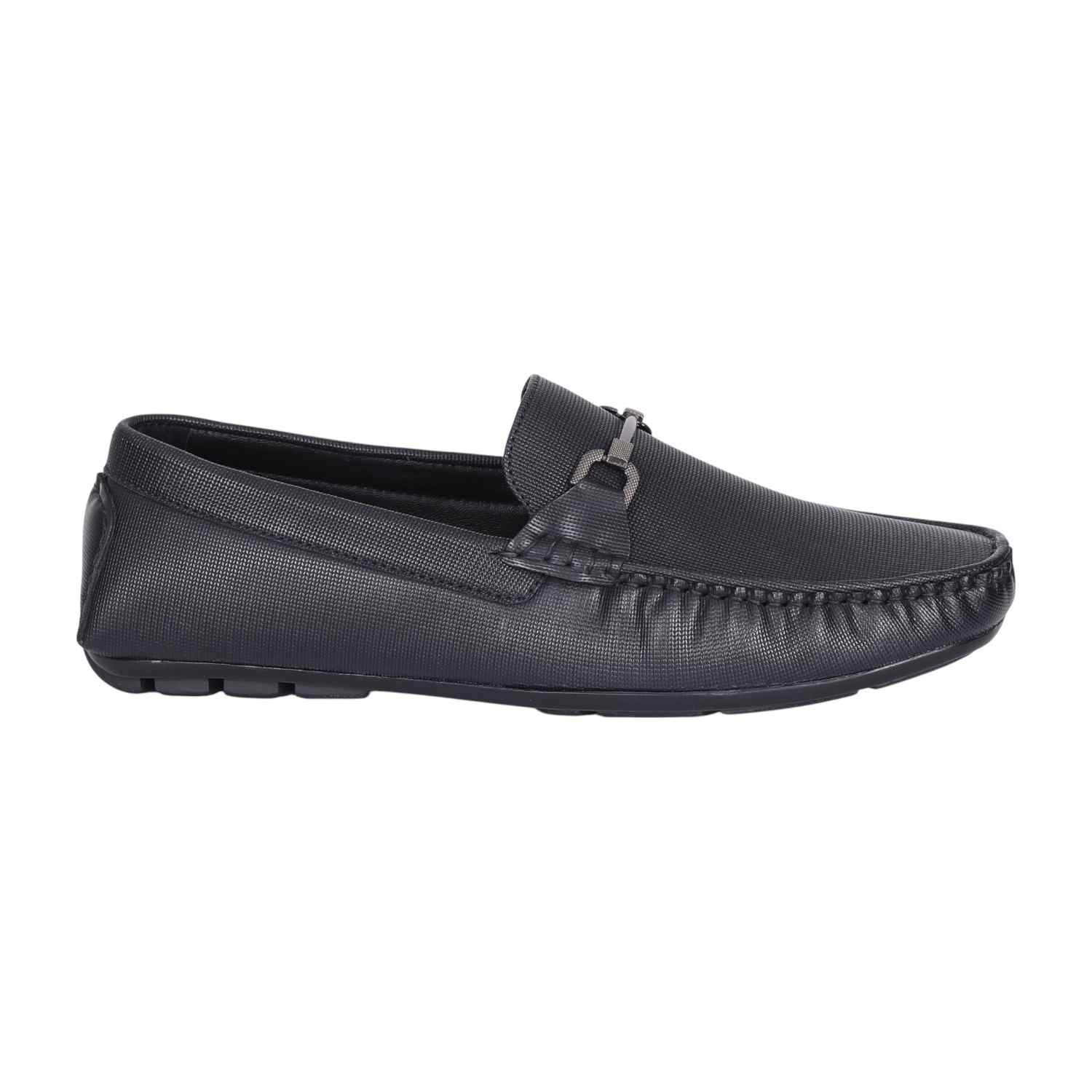 Men Navy Textured Leather Loafers with Metal Bit Detail