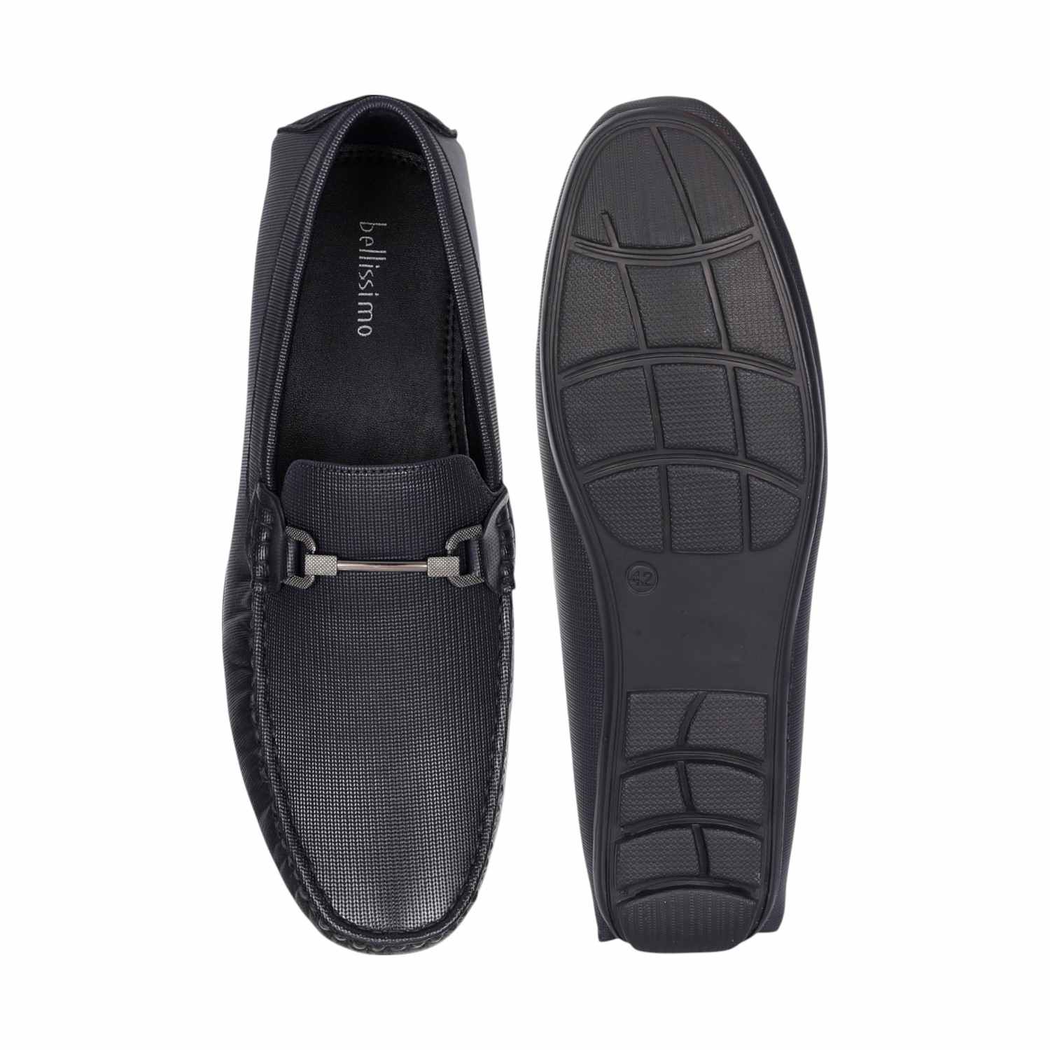 Men Navy Textured Leather Loafers with Metal Bit Detail