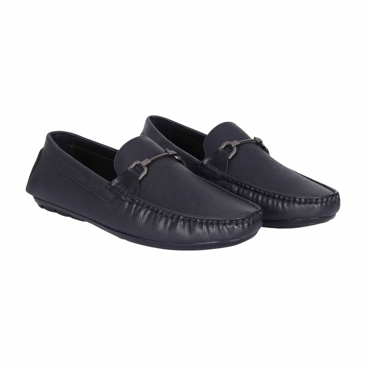 Men Navy Textured Leather Loafers with Metal Bit Detail