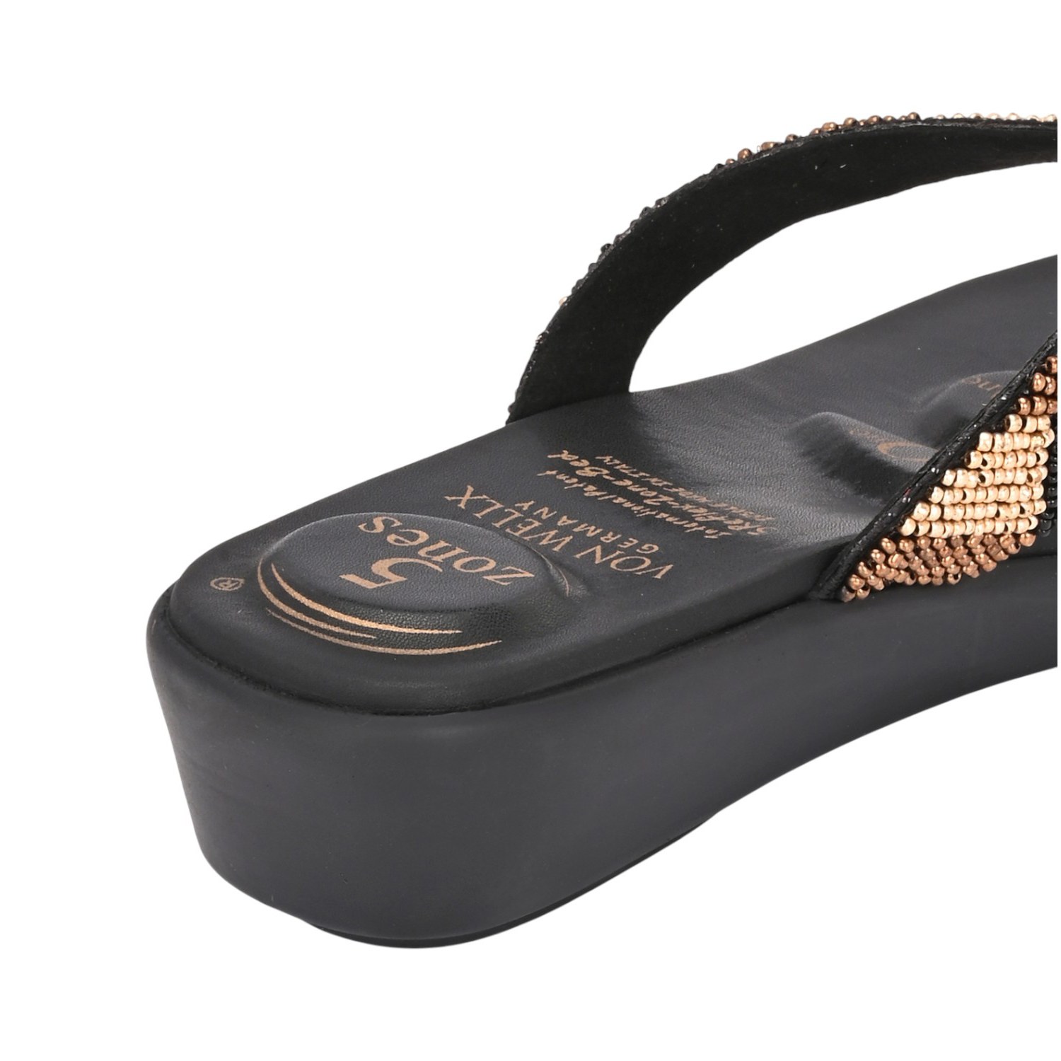 Women Black Wedge Flip-Flops with Beaded Chevron Strap
