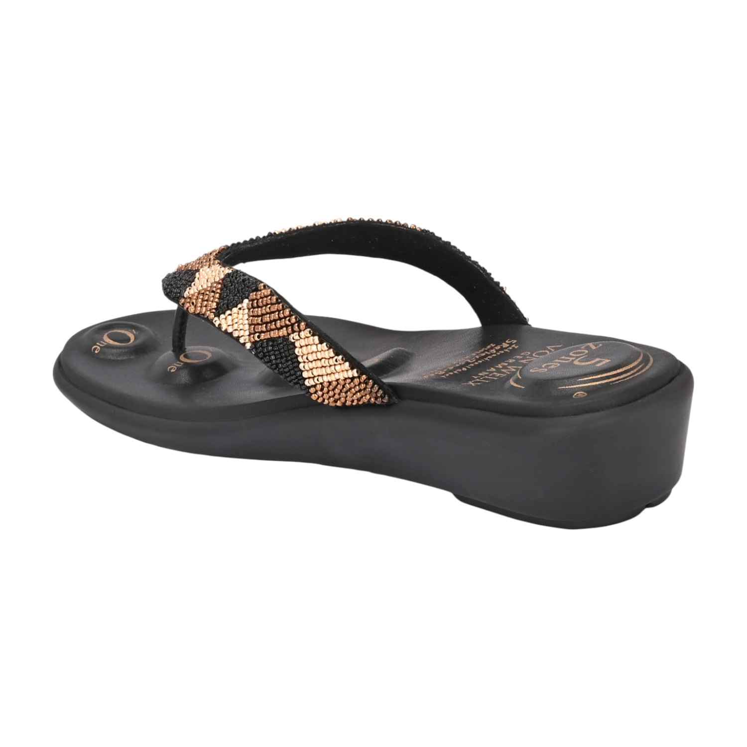 Women Black Wedge Flip-Flops with Beaded Chevron Strap