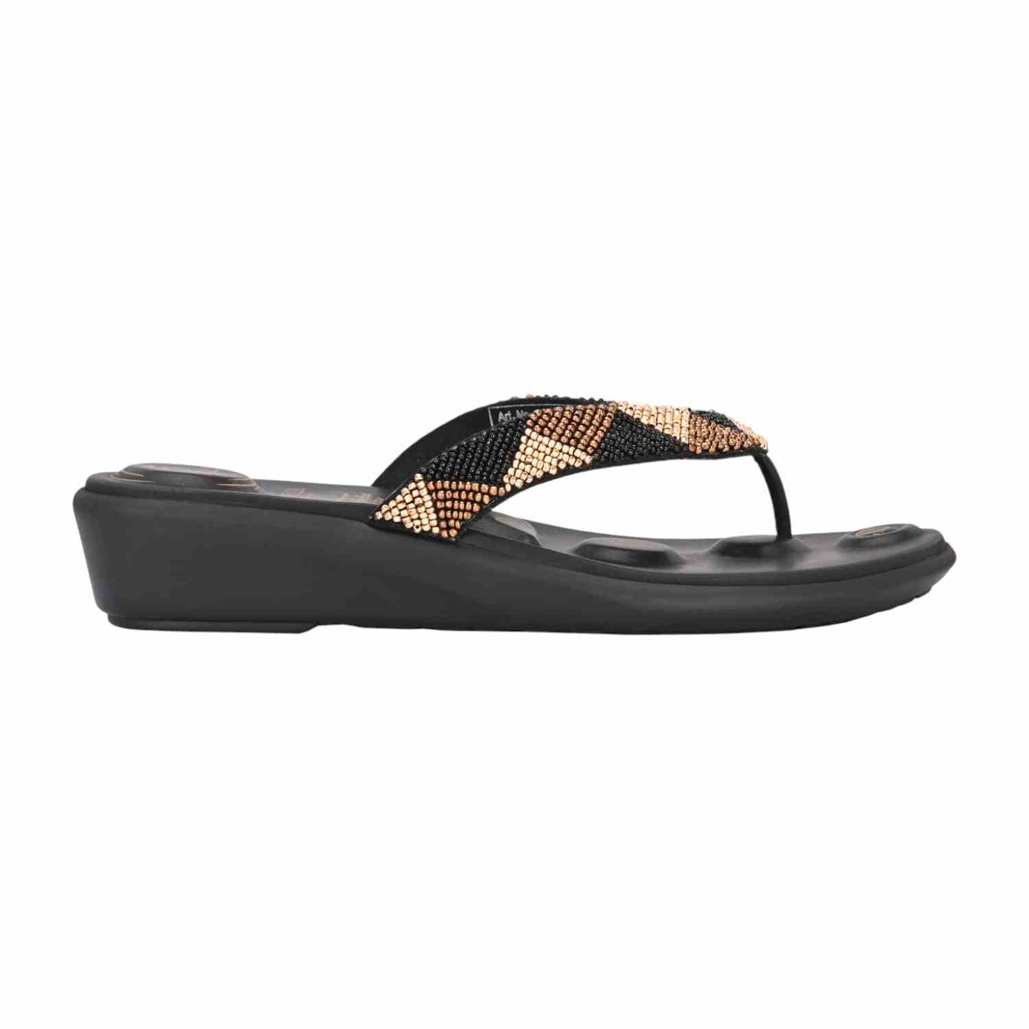 Women Black Wedge Flip-Flops with Beaded Chevron Strap