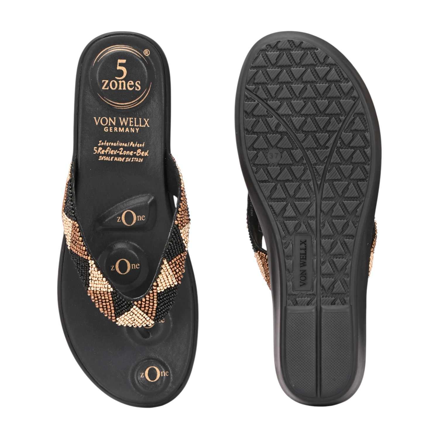 Women Black Wedge Flip-Flops with Beaded Chevron Strap