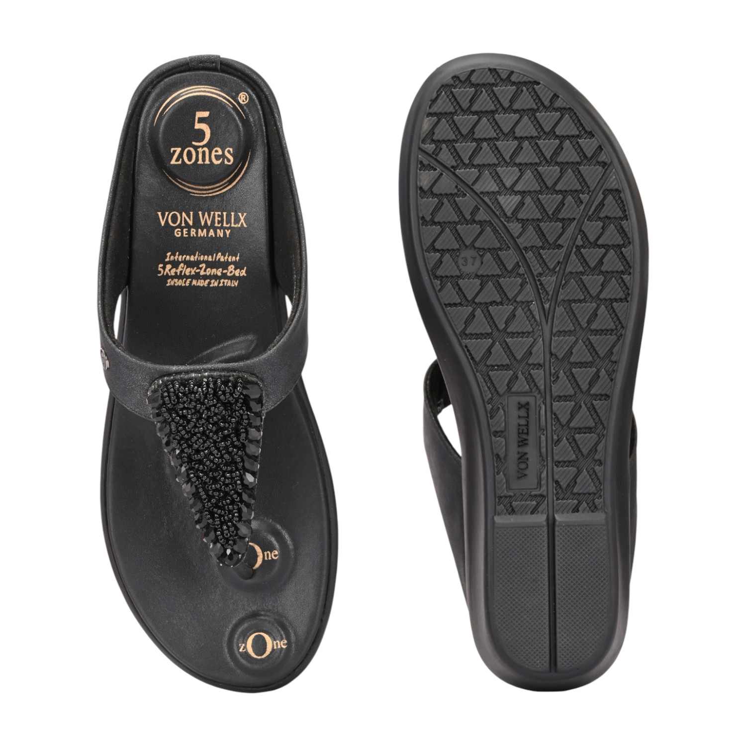 Women Elegant Black Beaded Comfort Wedge Flip-Flops