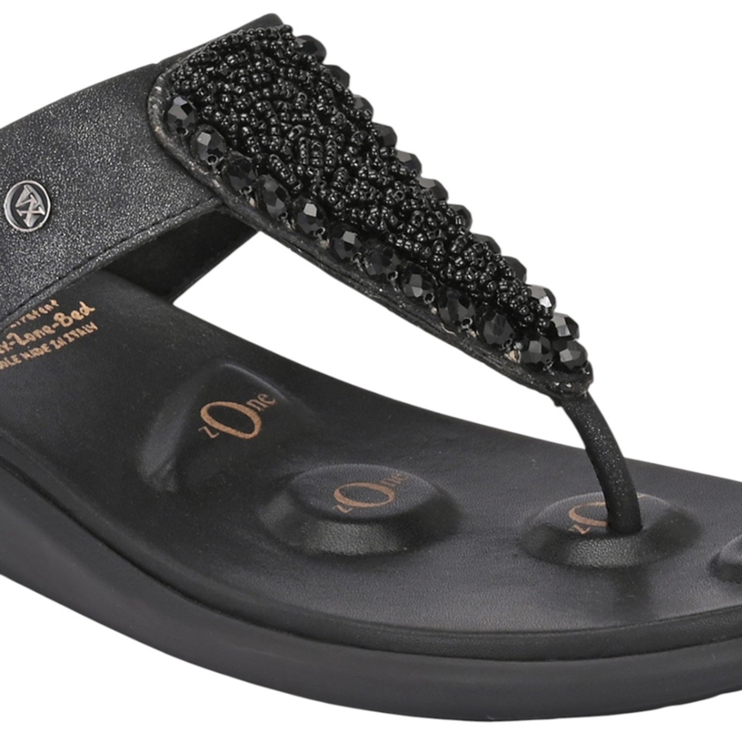 Women Elegant Black Beaded Comfort Wedge Flip-Flops