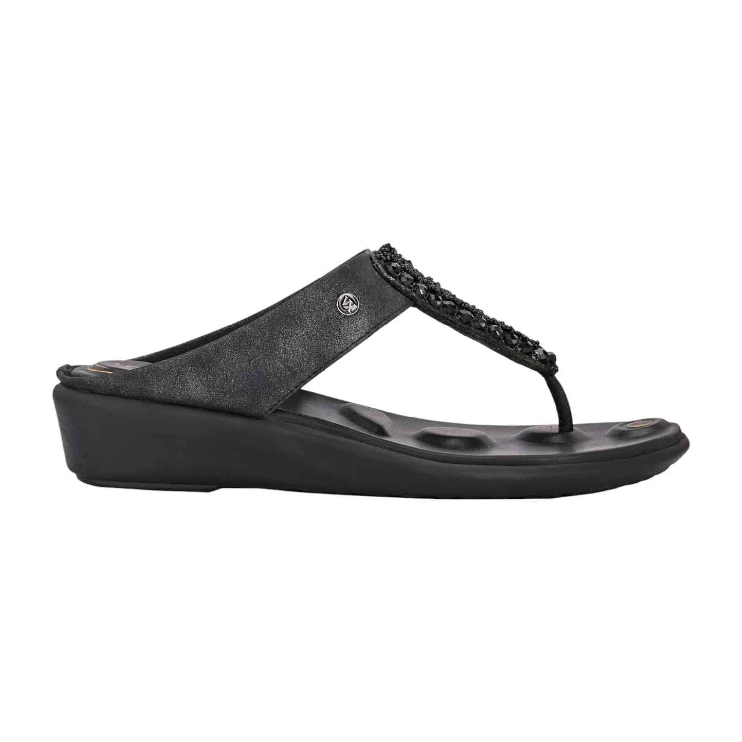 Women Elegant Black Beaded Comfort Wedge Flip-Flops