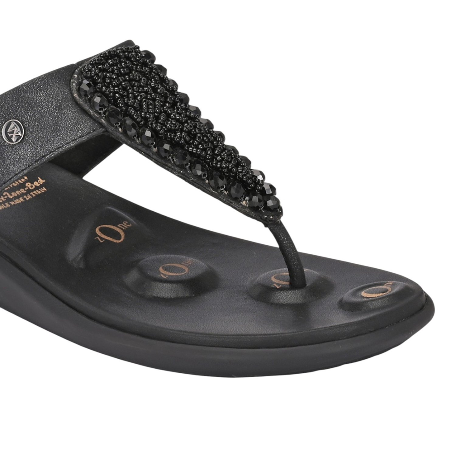 Women Elegant Black Beaded Comfort Wedge Flip-Flops