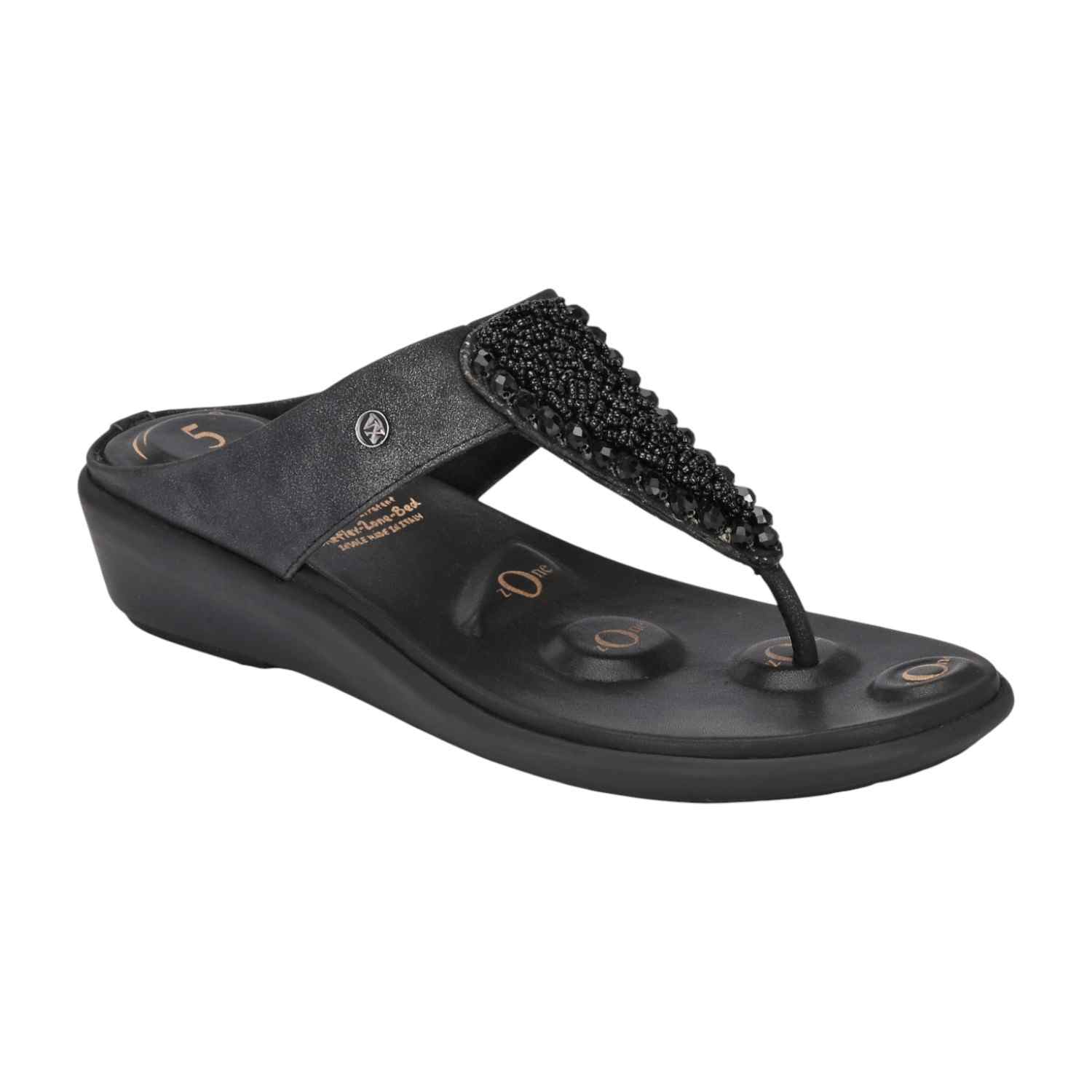 Women Elegant Black Beaded Comfort Wedge Flip-Flops