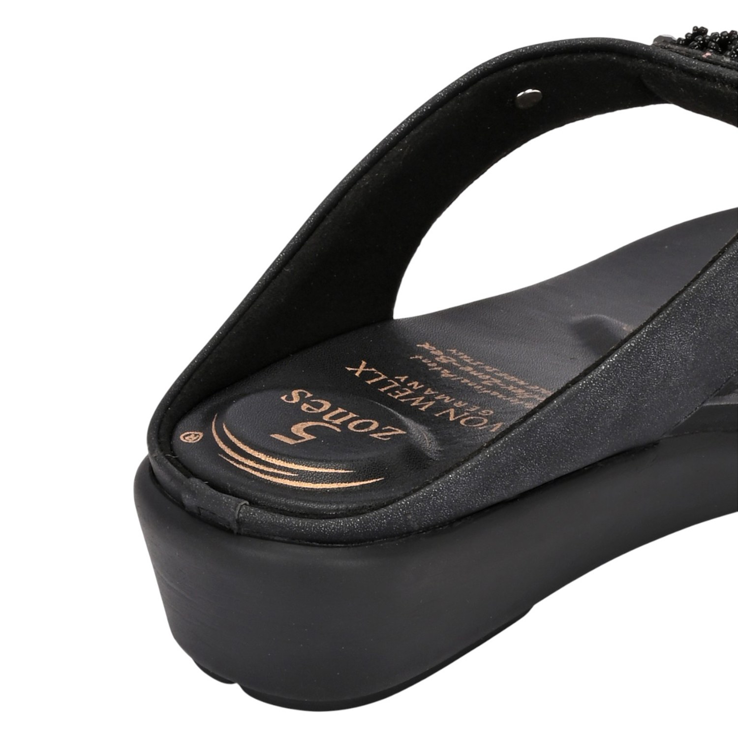 Women Elegant Black Beaded Comfort Wedge Flip-Flops