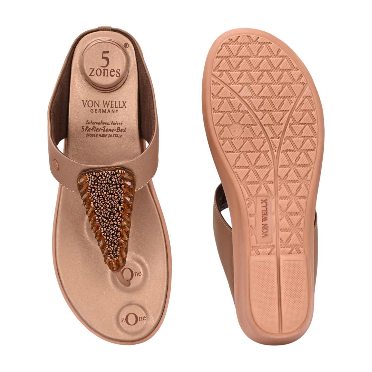 Women Elegant Brown Beaded Comfort Wedge Flip-Flops