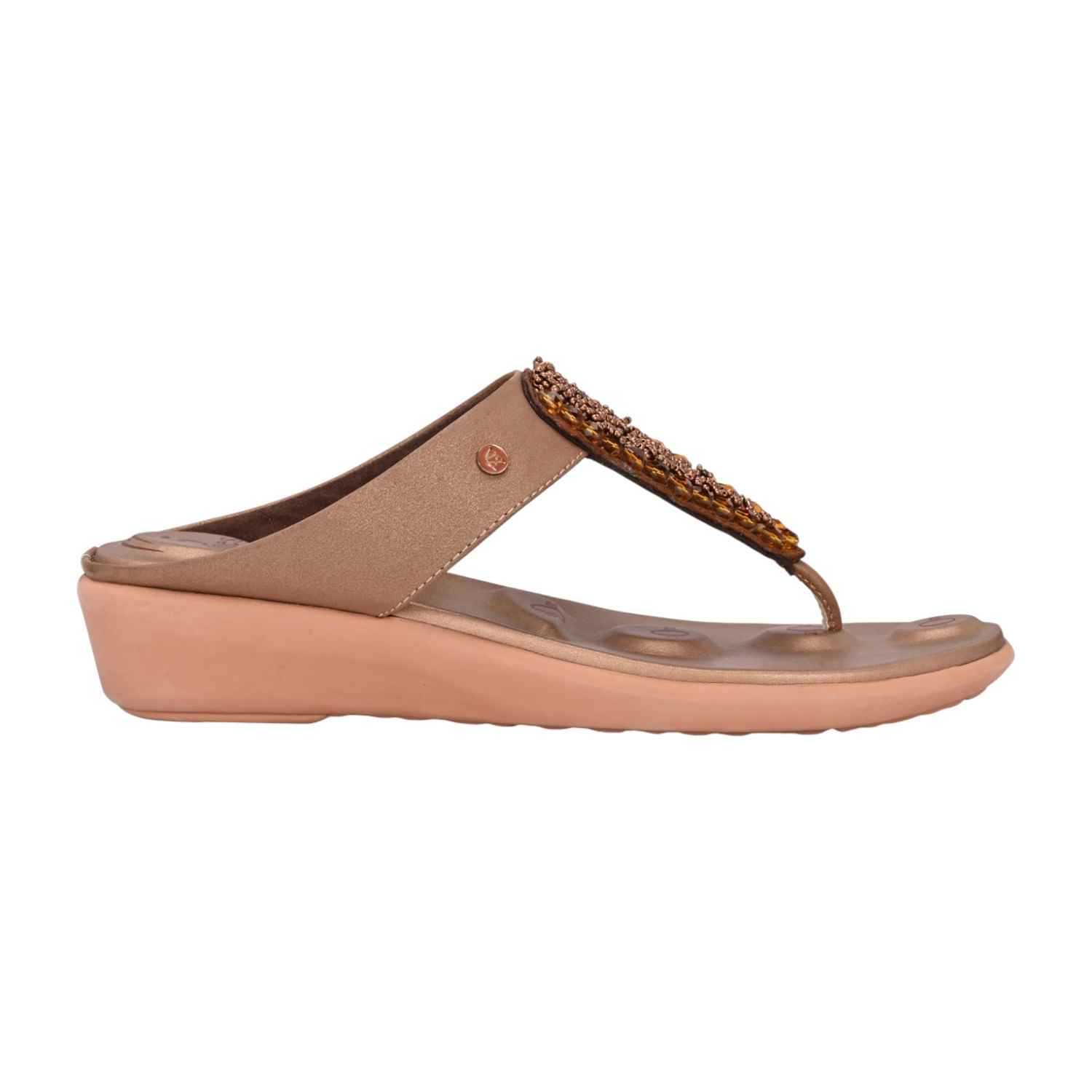 Women Elegant Brown Beaded Comfort Wedge Flip-Flops