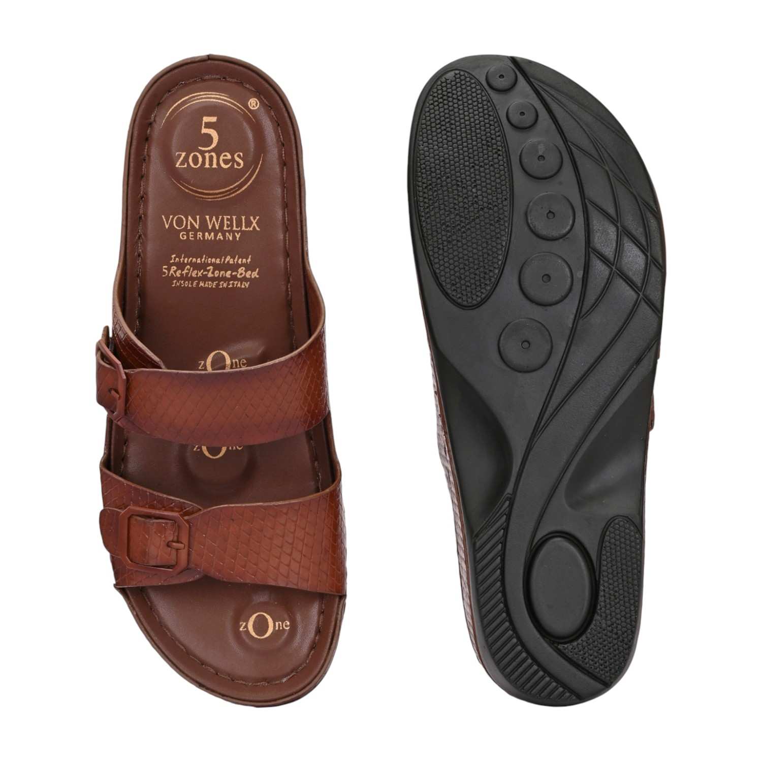 Women Brown Slide Sandal with Embossed Straps and Buckle Detail